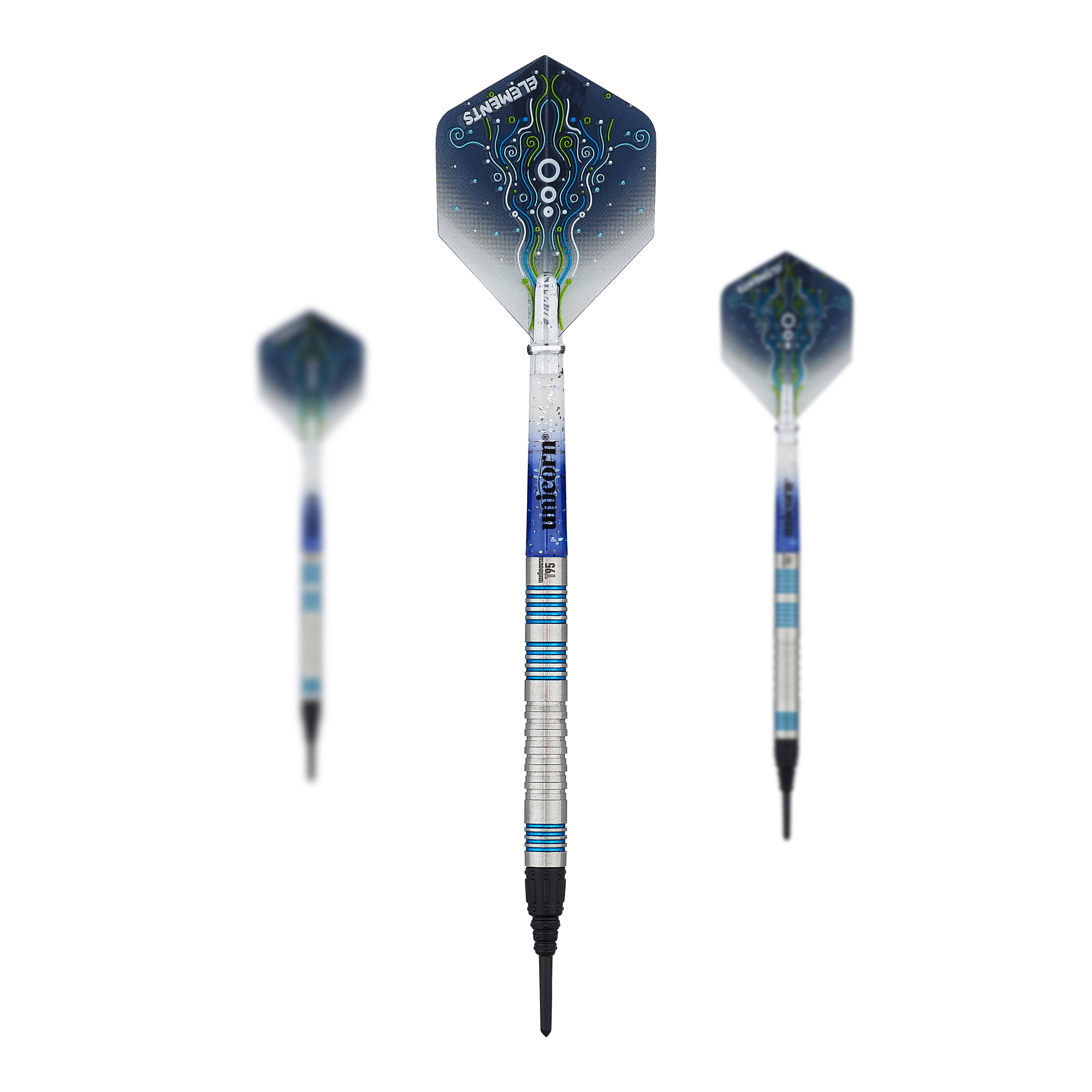 Das Bild zeigt drei Softdarts des Modells "Unicorn T95 Core XL Blue". Die Darts haben silberne Schäfte mit blauen Akzenten und blaue Flights mit einem abstrakten Muster.
