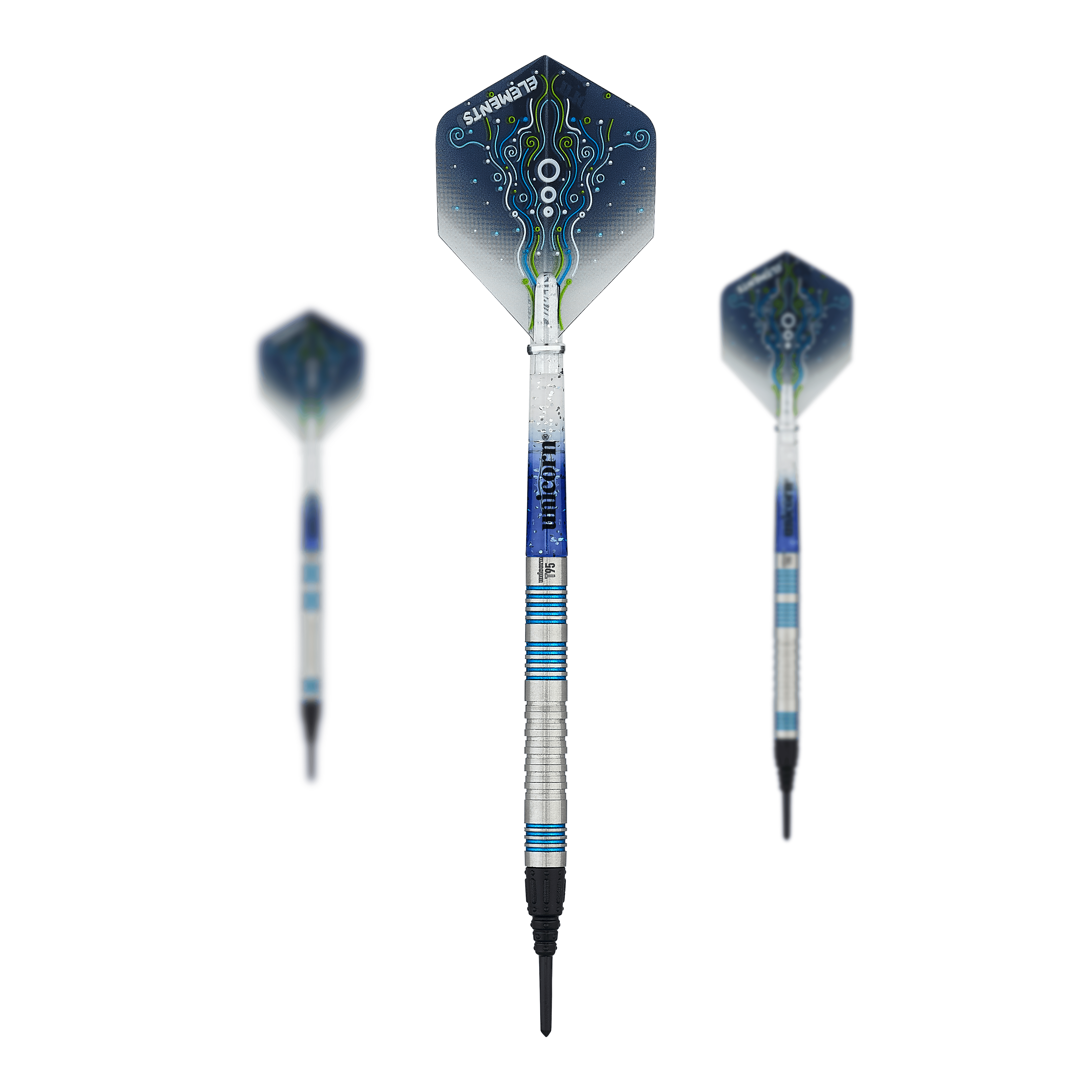 Unicorn T95 Core XL Blue soft darts Das Bild zeigt drei Softdarts des Modells "Unicorn T95 Core XL Blue". Die Darts haben silberne Schäfte mit blauen Akzenten und blaue Flights mit einem abstrakten Muster.