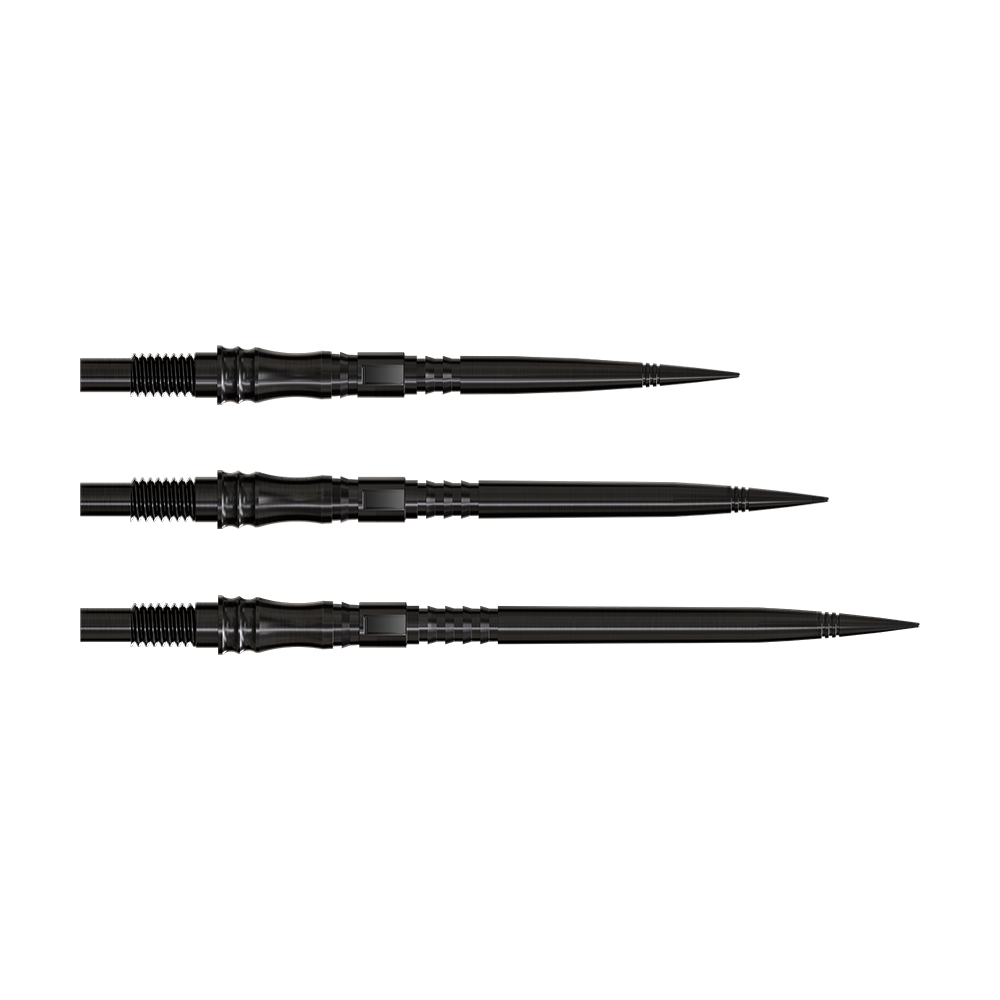 Dartspitzen der Apex Axis Black Elite Serie werden gezeigt. Die Spitzen sind dunkel und fein gefertigt.
