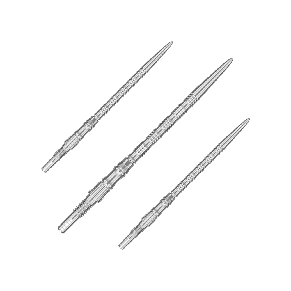 Das Bild zeigt ein Set silberner Dartspitzen mit einer Länge von 42 mm. Es handelt sich um Target SwissPoint Signature TRB Dartspitzen.