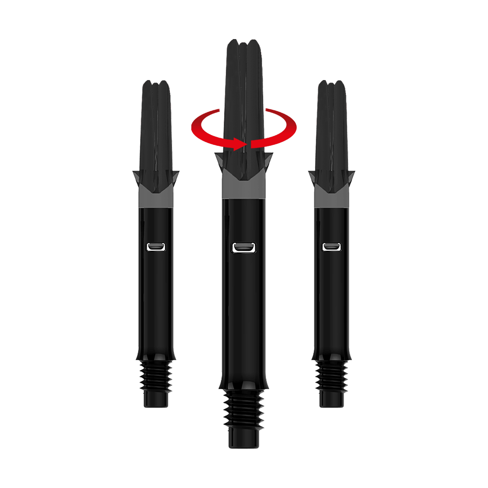 Das Bild zeigt drei schwarze Dartshafts ohne Kappen. Über dem mittleren Shaft befindet sich ein roter Pfeil, der eine Drehbewegung anzeigt.
