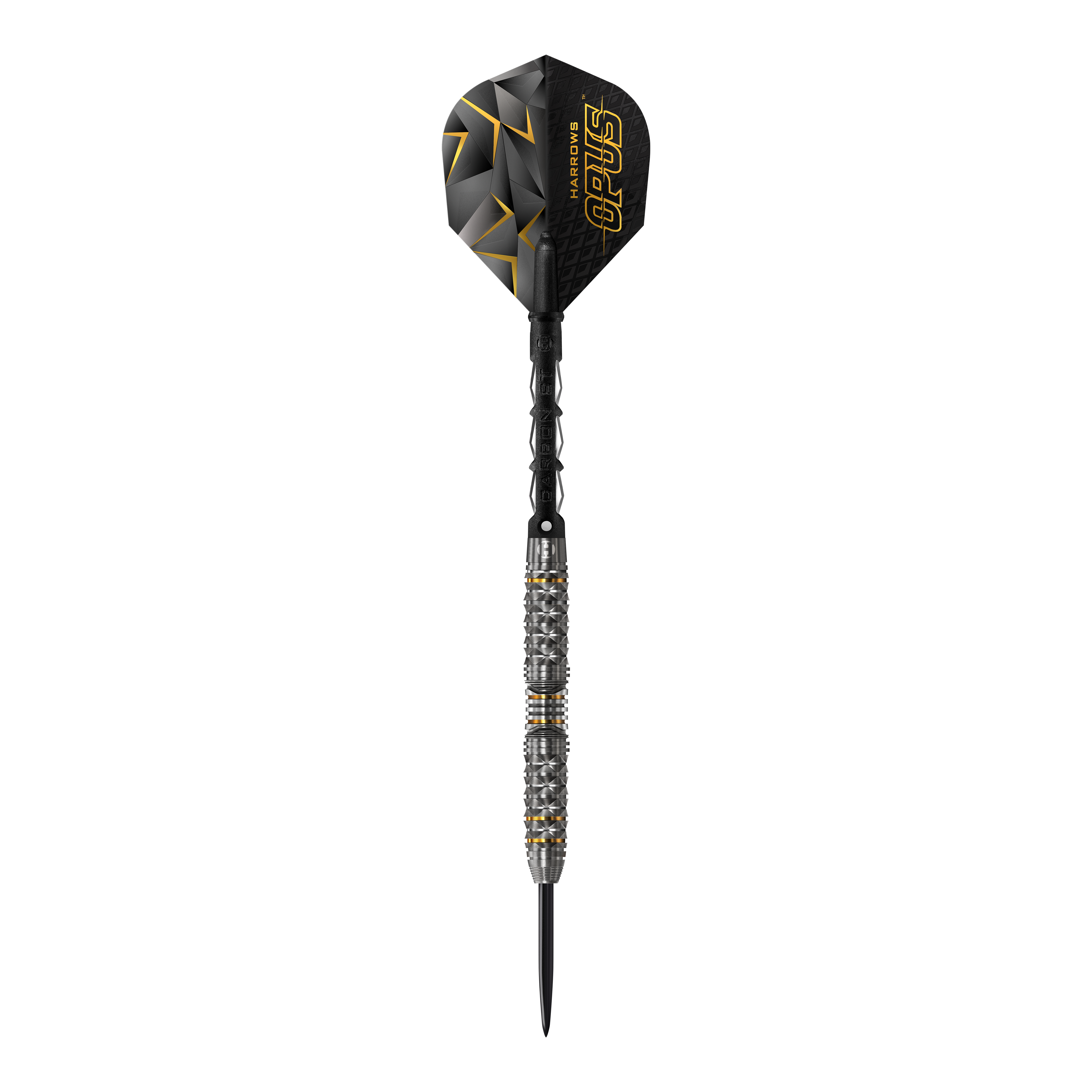 Harrows Opus Steeldarts Das Bild zeigt einen Harrows Opus Steeldart. Der Dartpfeil ist schwarz mit silbernen und goldenen Akzenten und hat eine strukturierte Oberfläche.