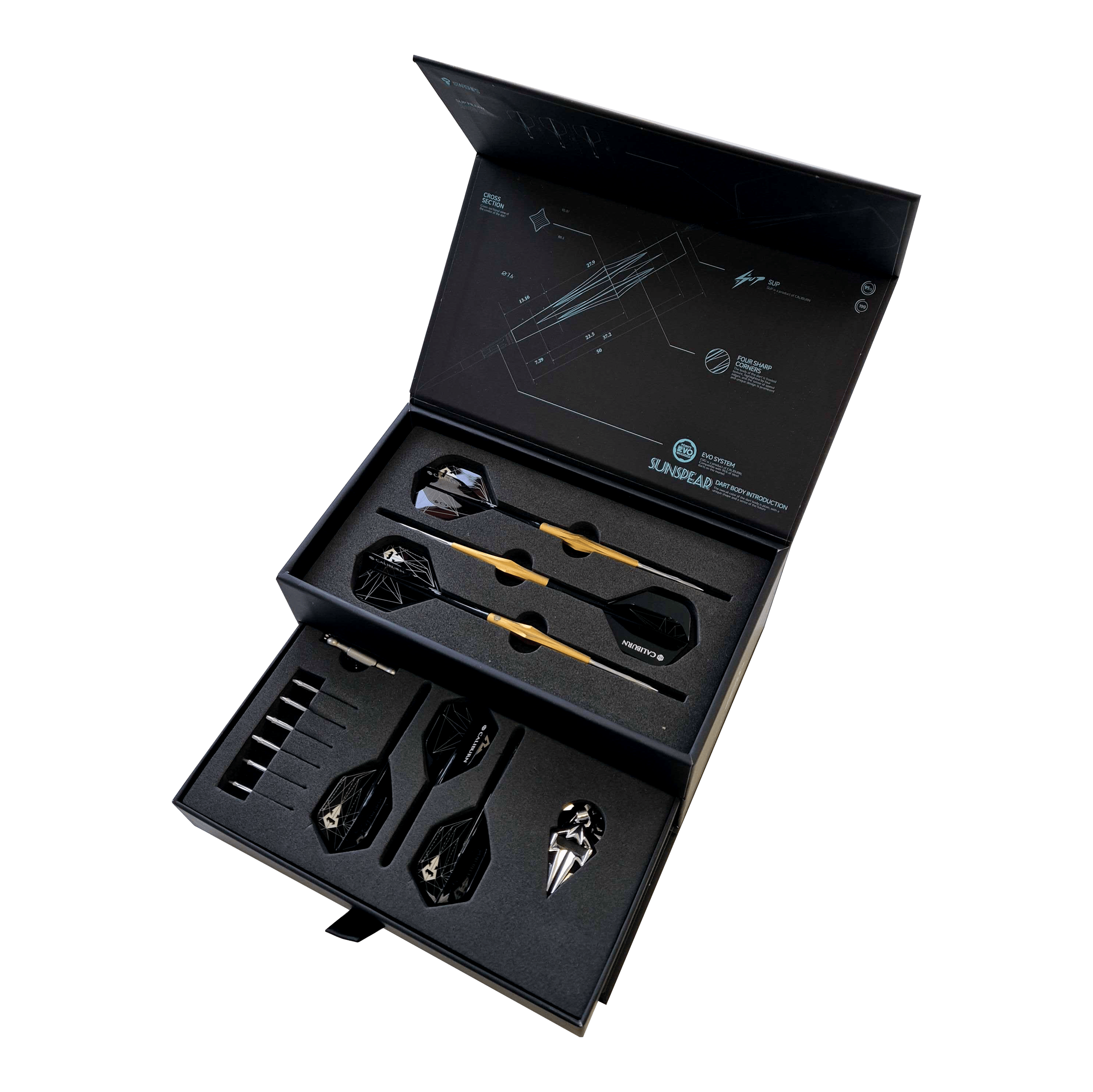 Caliburn Starships Series Sunspear Steel Darts - 19g Abgebildet ist Caliburn Starships Series Sunspear Steeldarts - 19g. Das Produkt zeigt einen Satz hochwertiger Steeldarts.