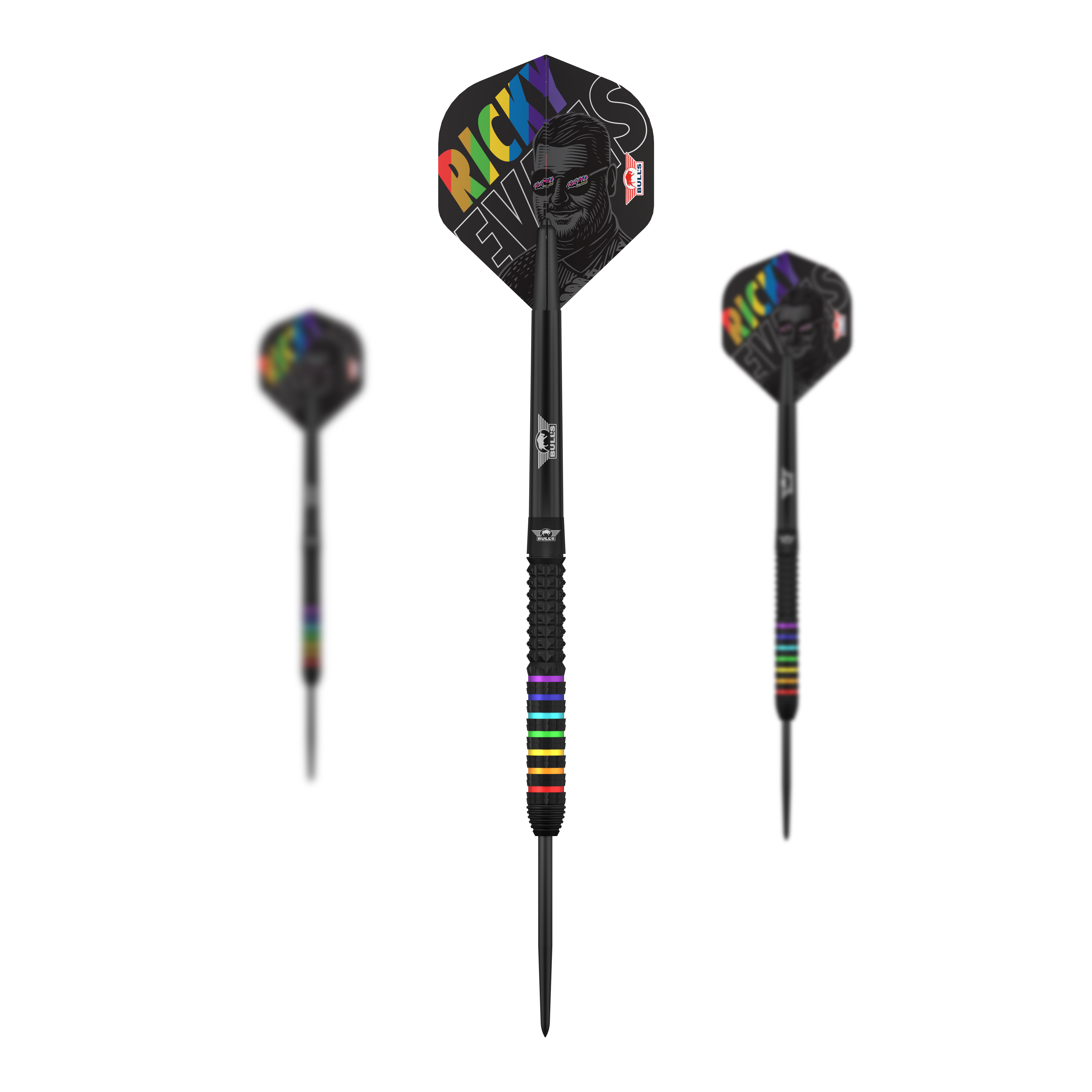 Hier sieht man das Set Bulls NL Ricky Evans Rapid 95 Steeldarts mit 23g. Mehrere Darts sind als Set zusammen abgebildet.