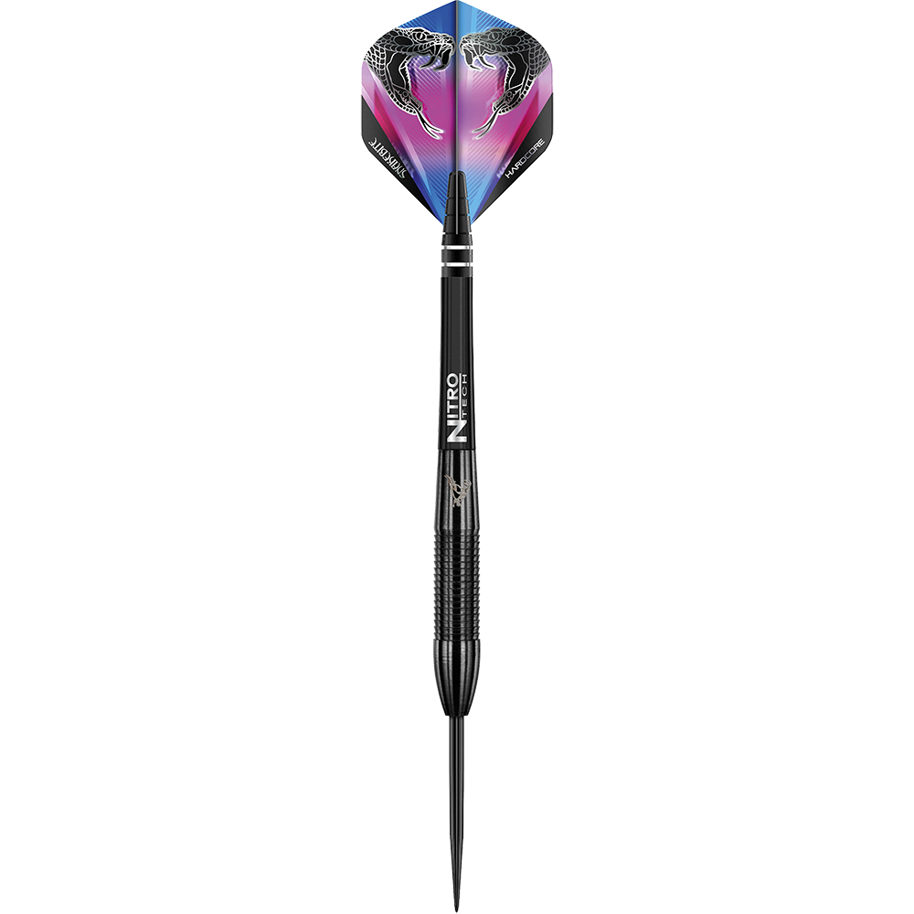 RD1383-RedDragon-Peter-Wright-Snakebite-3-Black-Player-Darts-1HKKOkNC7ssAbS Das Bild zeigt einen schwarzen Steeldart mit der Aufschrift "NITRO TECH" auf dem Schaft. Auf dem Dartflight sind zwei Schlangenköpfe abgebildet.