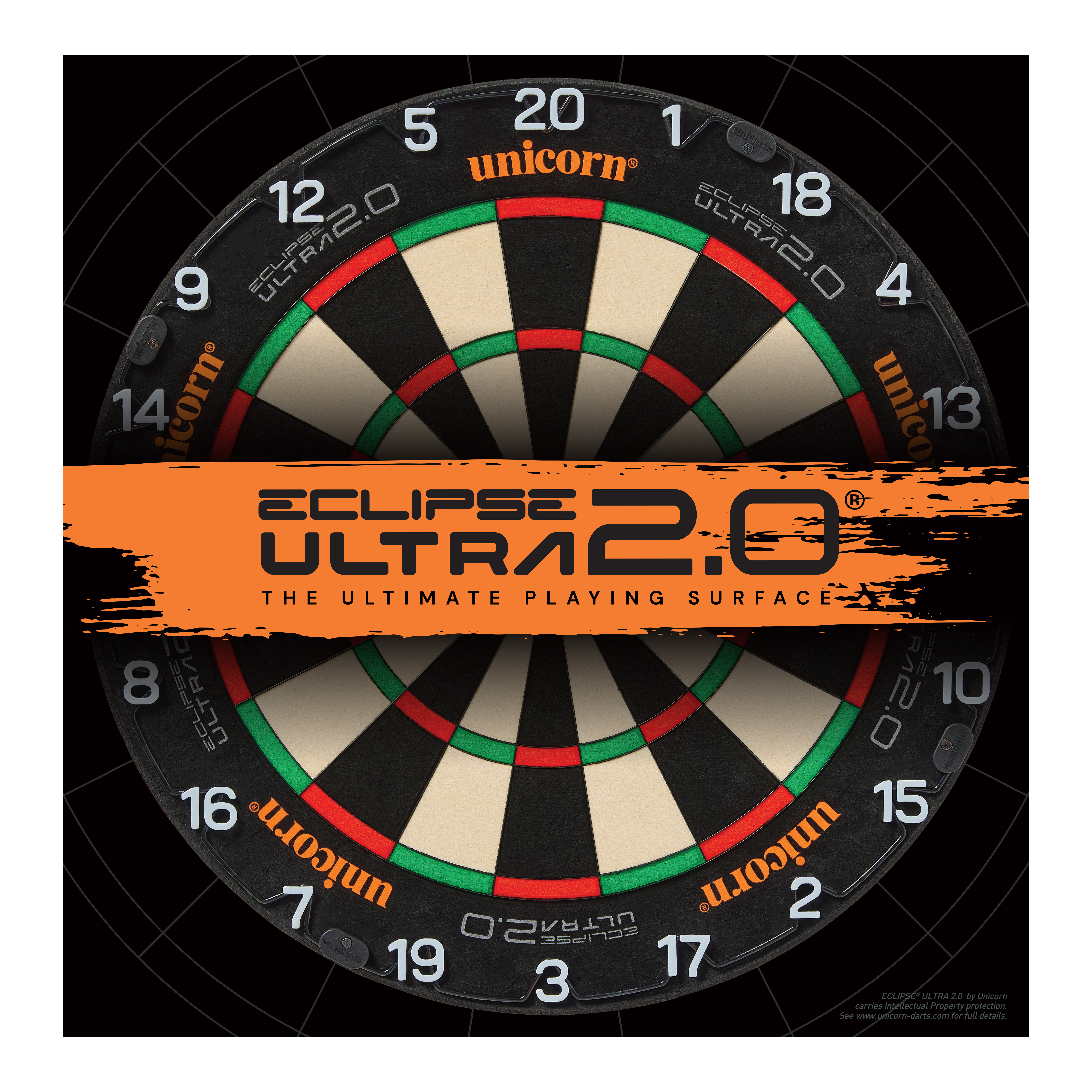 Das Bild zeigt eine Unicorn Eclipse Ultra 2.0 Steeldartboard. In der Mitte ist ein orangefarbener Streifen mit dem Schriftzug "Eclipse Ultra 2.0 – The Ultimate Playing Surface".