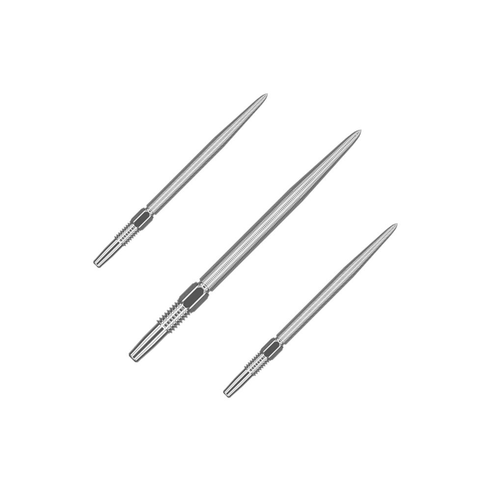 Target Swiss Point Nano Dart Tips - Silver Das Bild zeigt drei silberne Dartspitzen in einer Reihe. Jede Spitze ist schlank und hat ein feines Gewinde am unteren Ende.