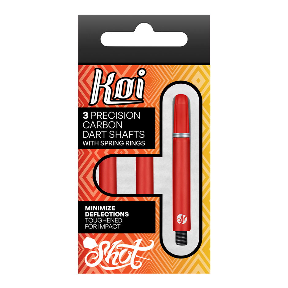 Shot Koi Carbon Shafts - Red Die Verpackung zeigt drei präzise Koi Carbon-Dartschäfte in Rot. Sie sind für minimale Ablenkung und hohe Schlagfestigkeit ausgelegt.