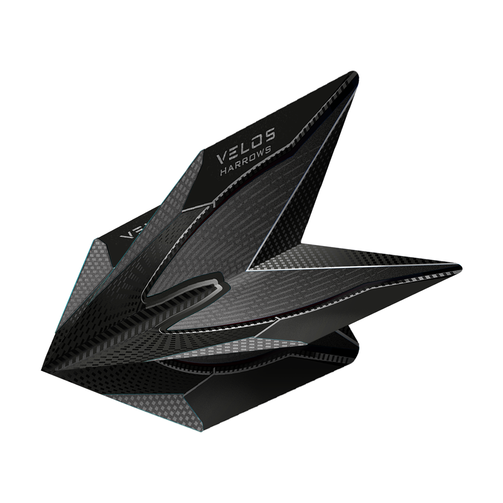 HR1014_Harrows_Smokey_2020_Velos_Flights_2 Das Bild zeigt die Harrows Smokey Velos Flights, die für Dartpfeile verwendet werden. Sie sind schwarz mit einem modernen, aerodynamischen Design und feinen Grafiken.
