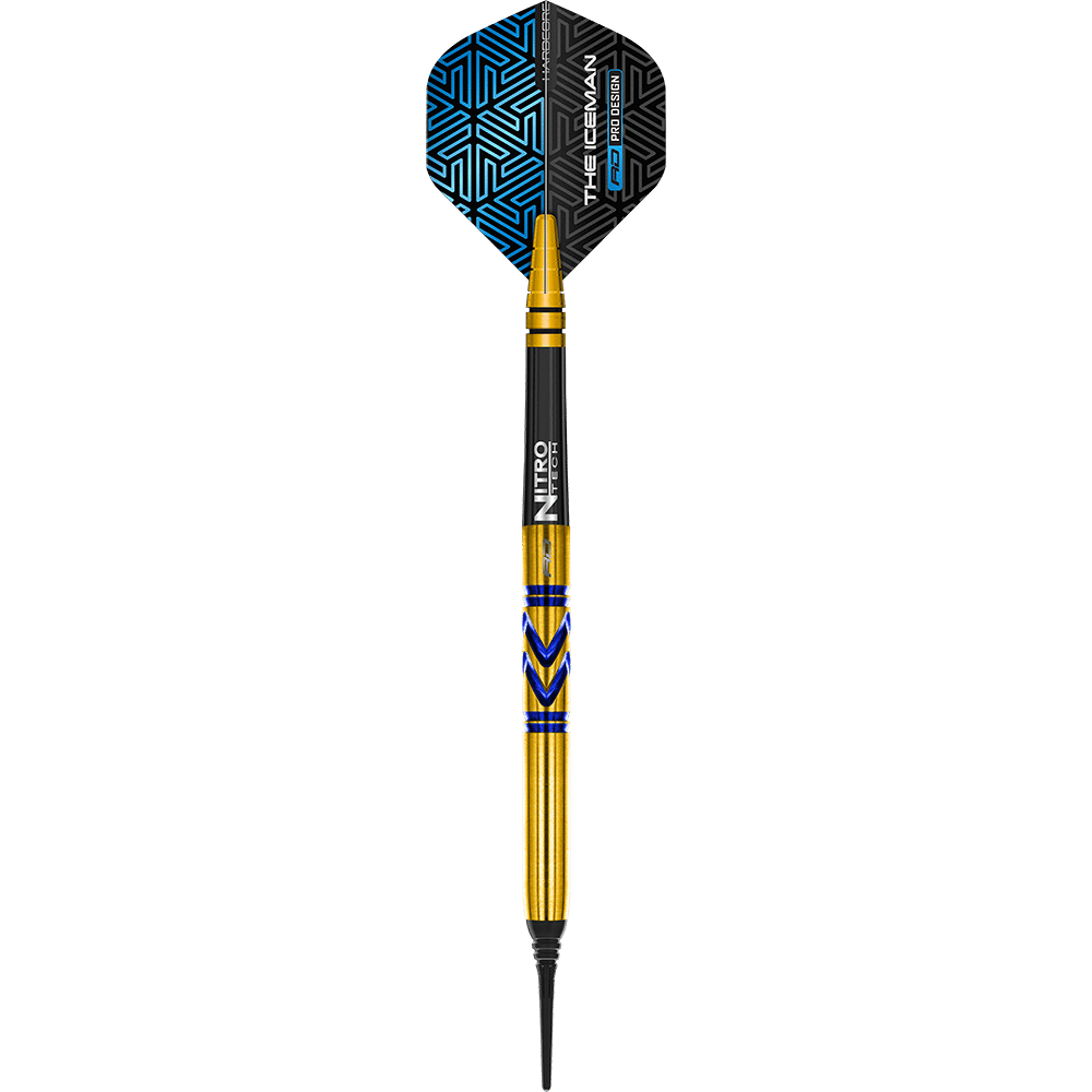 RD2546_Red_Dragon_Gerwyn_Price_Avalanche_Gold_Softdarts_1r7BTvDsxJXdL1 Der Red Dragon Gerwyn Price Avalanche Gold Softdart wiegt 20 Gramm und hat ein gold-blaues Design. Die Flights sind schwarz-blau gemustert und mit dem Schriftzug "The Iceman" bedruckt.