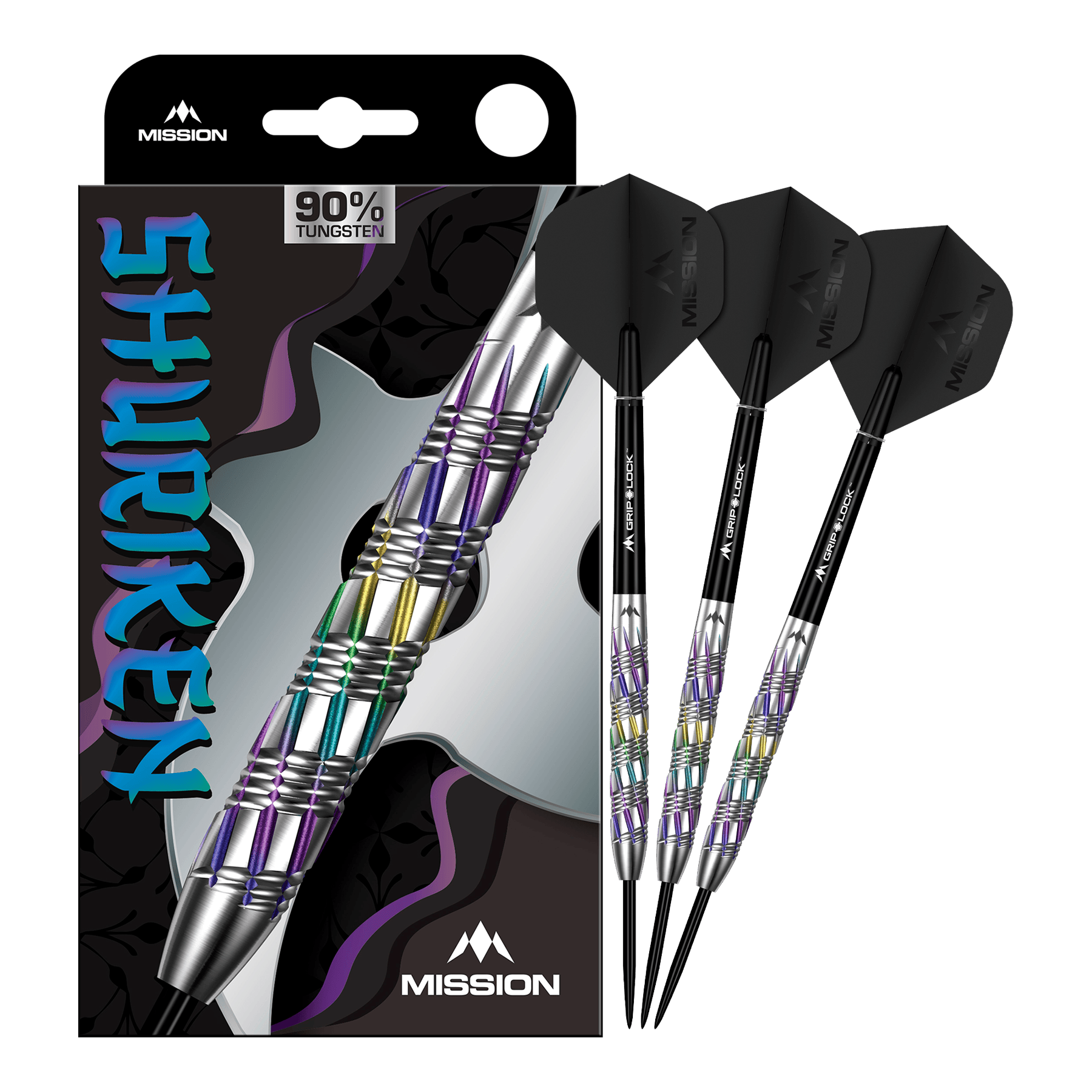Mission Shuriken Steel Darts Mission Shuriken Steeldarts sind professionelle Steeldarts. Das Bild zeigt das vollständige Set der Mission Shuriken Steeldarts.