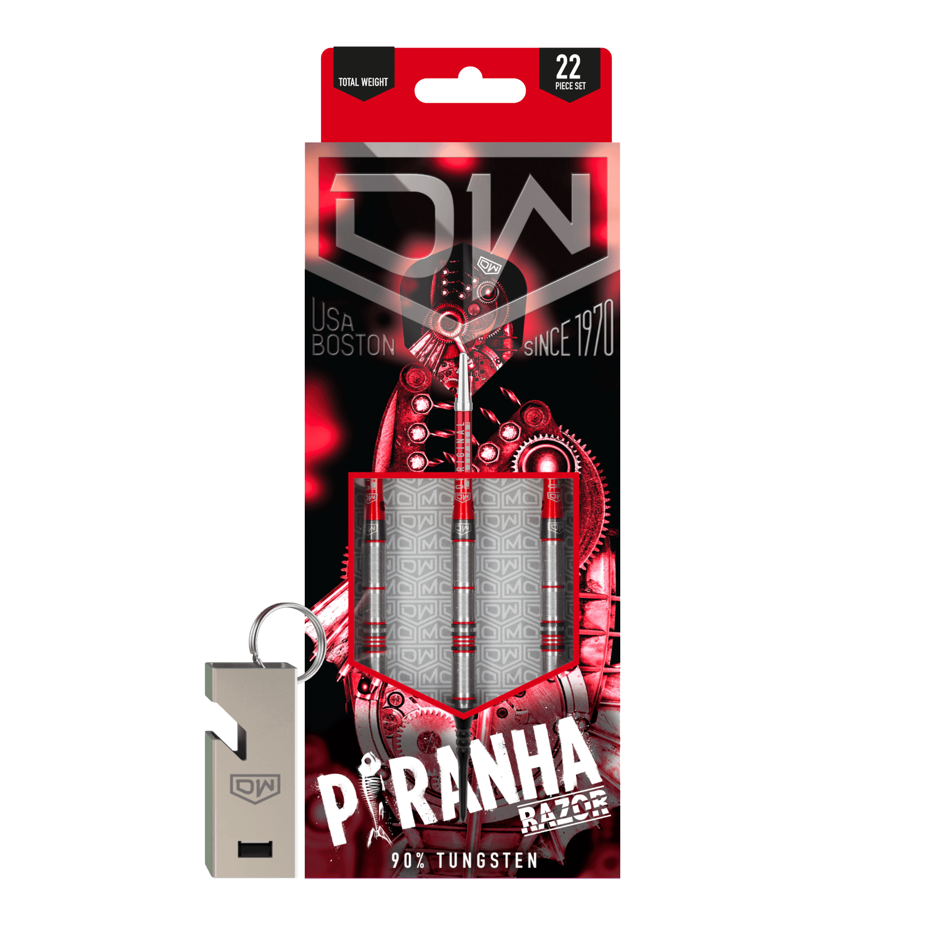 DW Piranha Razor 02 Softdarts Das Bild zeigt die Verpackung der DW Piranha Razor 02 Softdarts. Die Verpackung ist überwiegend schwarz und rot gestaltet und enthält drei Darts sowie ein Zubehörteil.