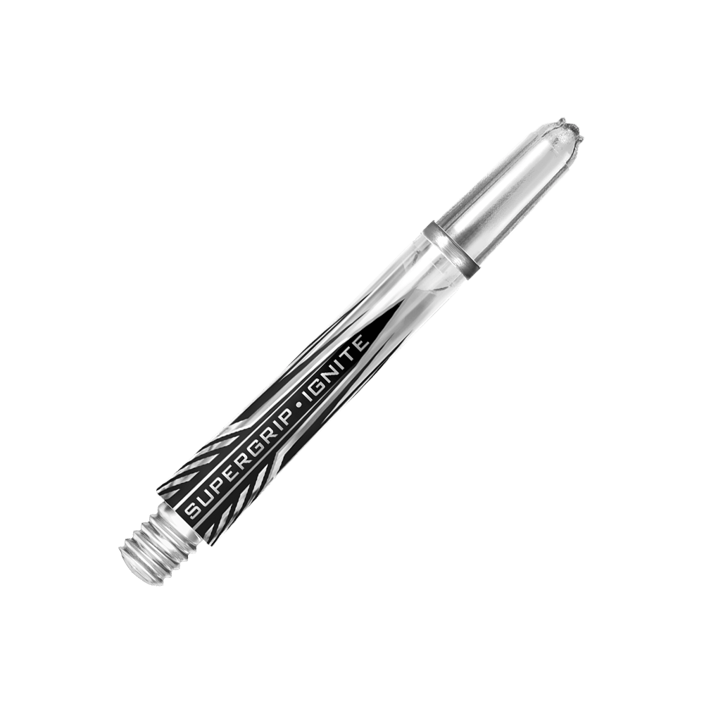 HR393_Harrows_Supergrip_Ignite_Shafts_Clear_40mm_2 Dies ist ein klarer Harrows Supergrip Ignite Shaft. Der Schaft hat ein modernes Design mit schwarz-weißen Akzenten und der Aufschrift "SUPERGRIP IGNITE".