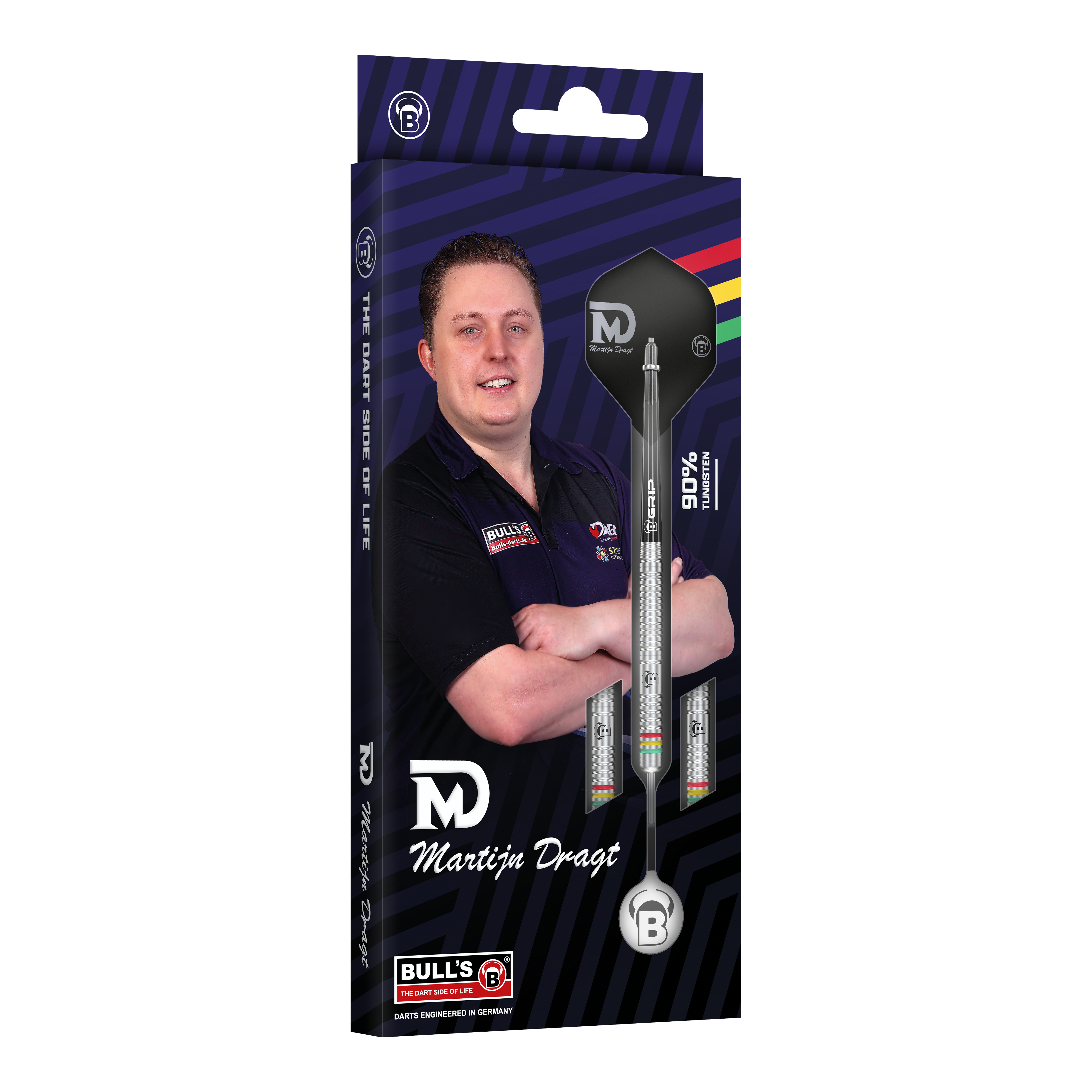Die Abbildung zeigt die Verpackung der "Bulls Martijn Dragt Steeldarts - 24g". Auf der Schachtel ist ein Bild von Martijn Dragt sowie die abgebildeten Steeldarts zu sehen.
