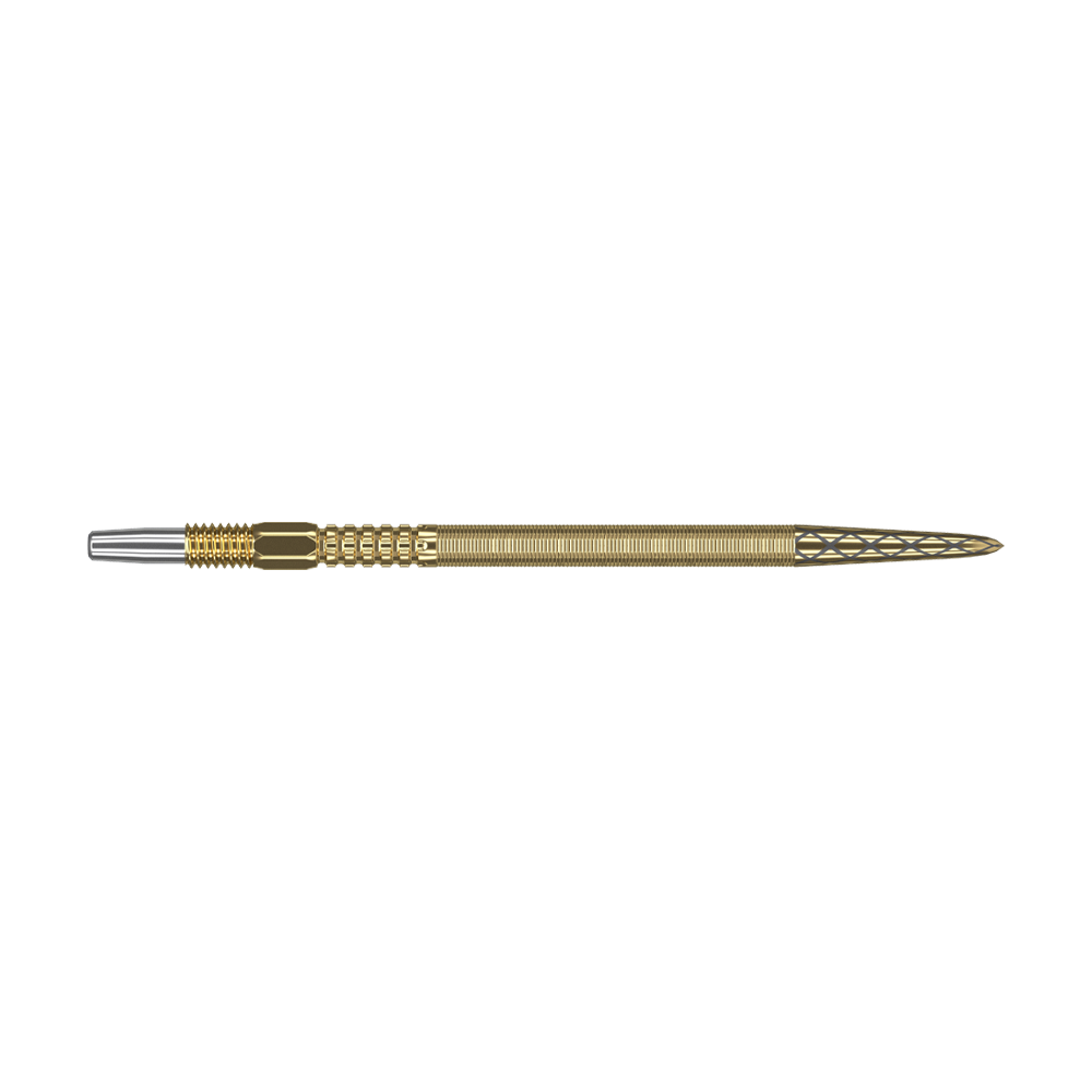 Target Swiss Point DX dart tips - gold Das Bild zeigt eine goldene Dartspitze mit feinen Rillen und detailliertem Muster. Sie hat am Ende eine silberne Metallspitze.
