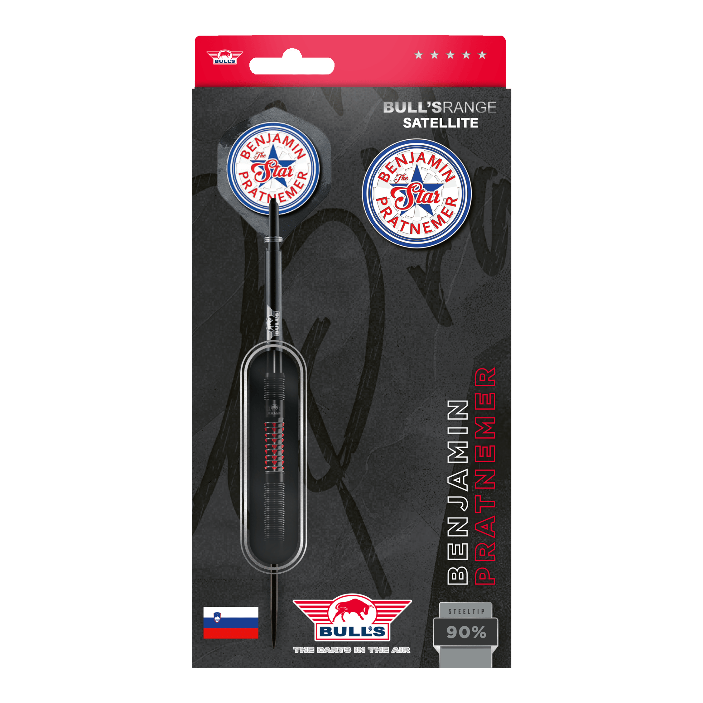 Bulls NL Benjamin Pratnemer steel darts - 20g Das Bild zeigt die Verpackung der "Bulls NL Benjamin Pratnemer Steeldarts - 20g". Auf der Verpackung sind ein Dartpfeil, Ersatzflights und der Name Benjamin Pratnemer abgebildet.