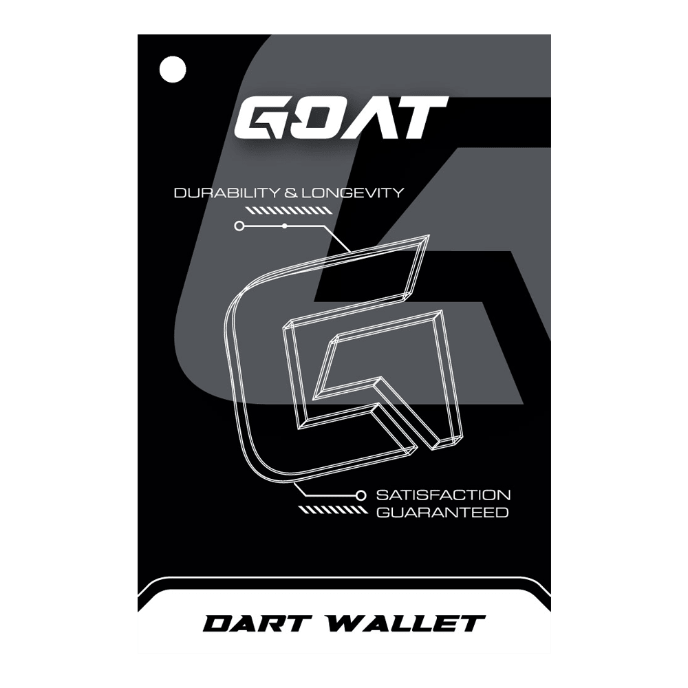 GOAT Locker XL Dartwallet Das Bild zeigt die Verpackung des Produkts "GOAT Locker S Dartwallet". Es hebt die Eigenschaften Langlebigkeit und Zufriedenheit hervor.