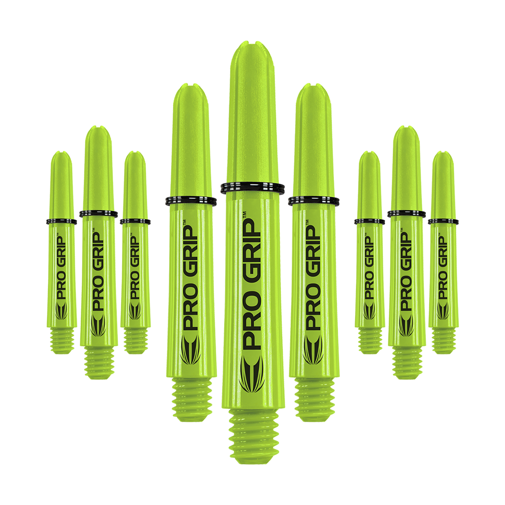 Target Pro Grip Shafts - 3 Sets - Lime Green Auf dem Bild sind mehrere limegrüne Pro Grip Dartschäfte zu sehen. Sie sind in drei Sets angeordnet und tragen die Aufschrift "PRO GRIP".