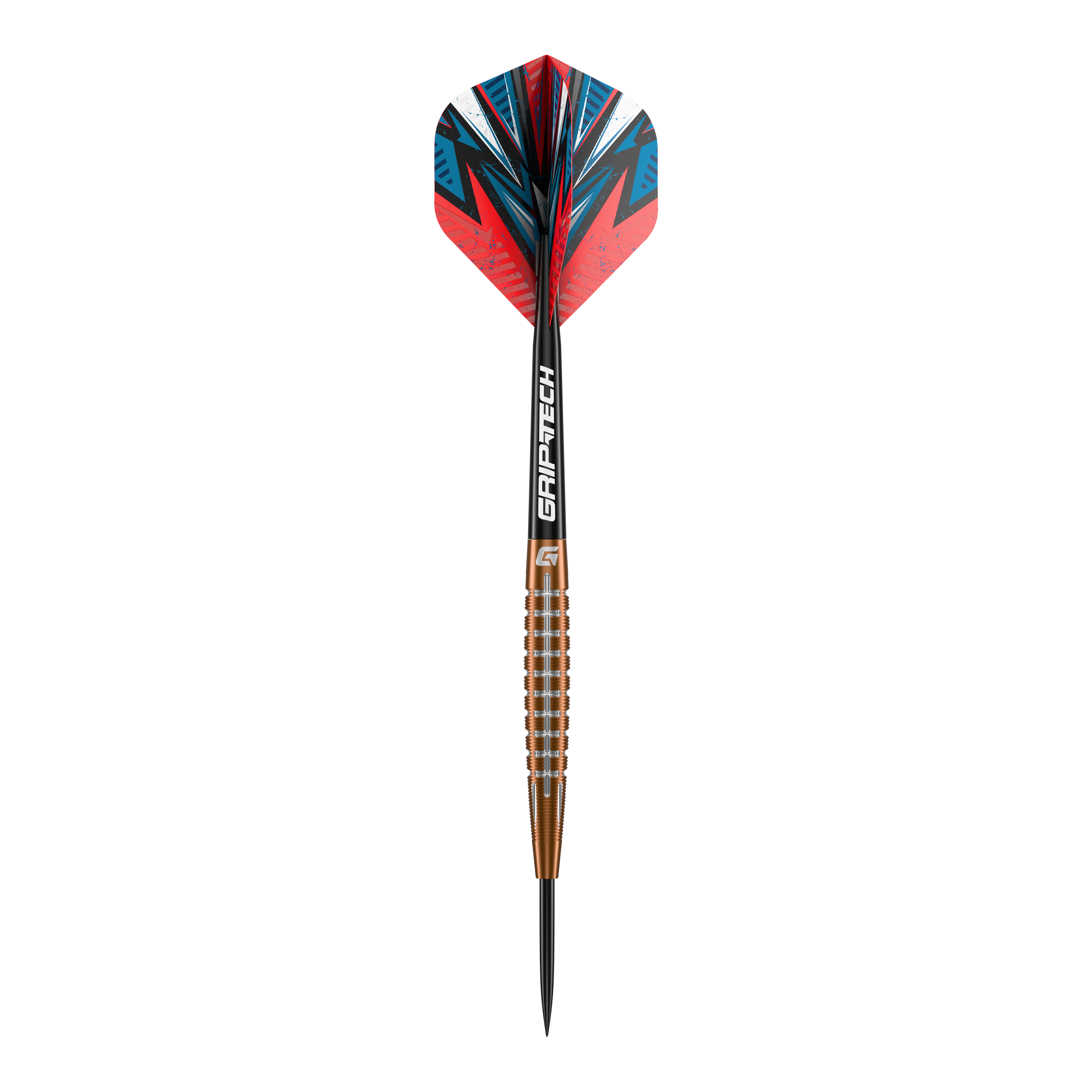 GOAT Quarterback V1 Tungsten Steel Darts Das Bild zeigt einen GOAT Quarterback V1 Tungsten Steeldart mit auffälligen roten und blauen Flights. Der Dart hat einen geriffelten, bronzefarbenen Schaft und eine schwarze Spitze.