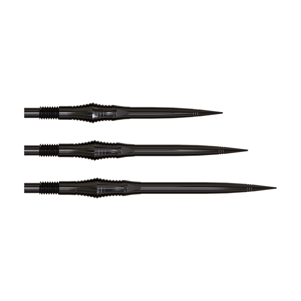 Harrows Quick Point Spire Elite Series Dartspitzen in Schwarz. Die Spitzen sind schlank und dunkel gefärbt.