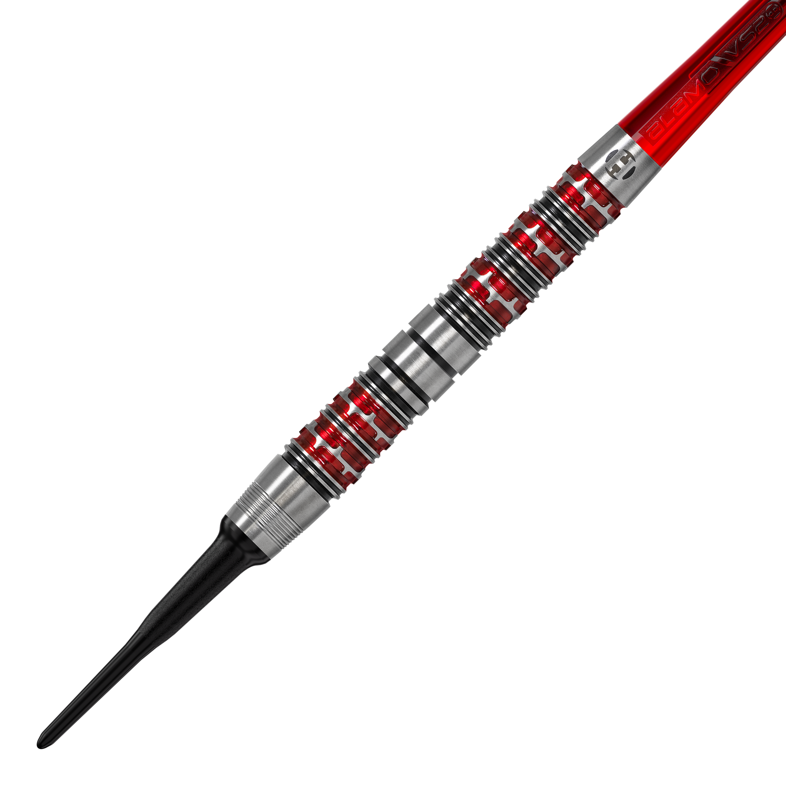 Harrow's Damon Heta Series 3 soft darts Dies ist ein Harrows Damon Heta Series 3 Softdart. Der Dartpfeil hat ein silbernes Griffstück mit roten Akzenten und einer schwarzen Spitze.