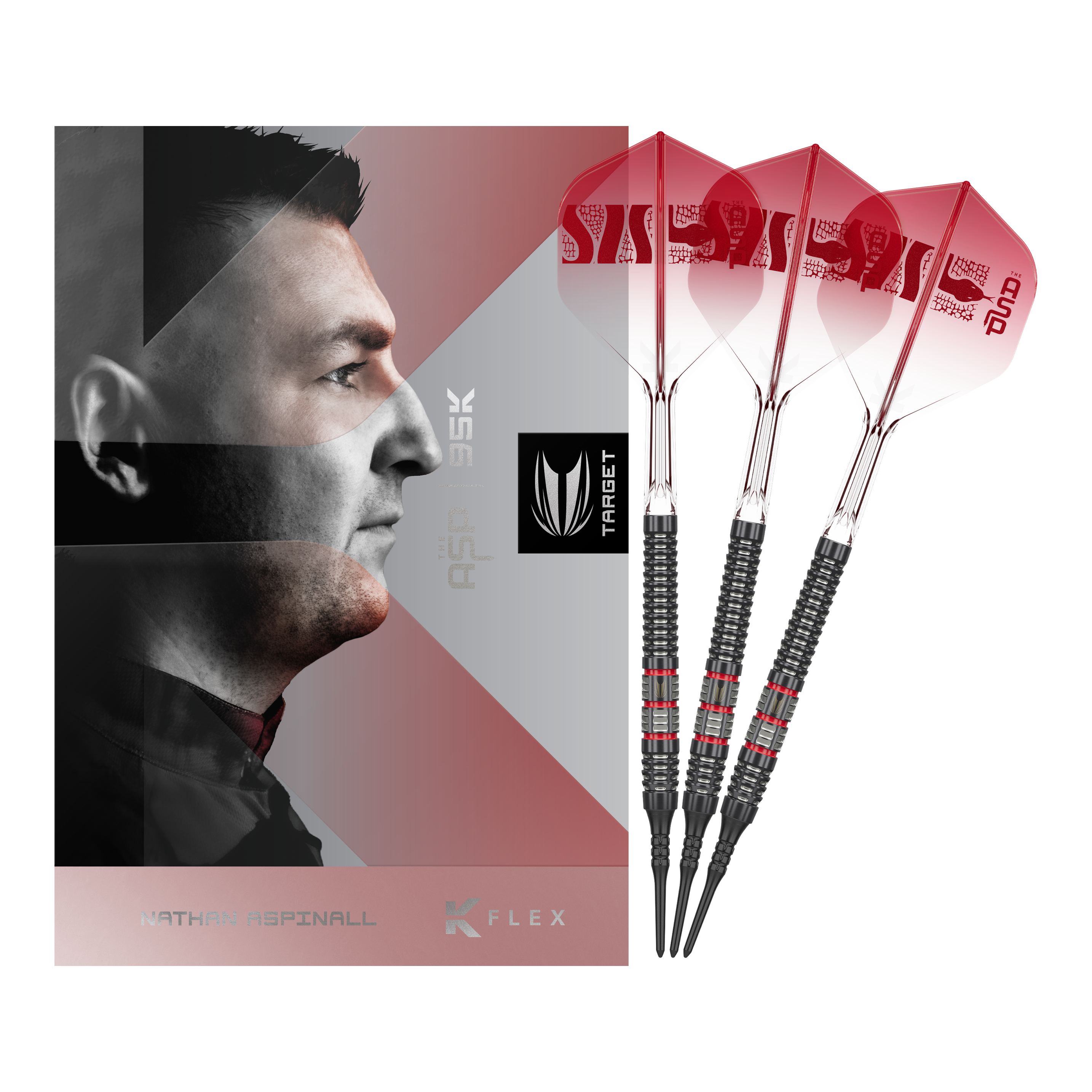 Dieses Bild zeigt die Target Nathan Aspinall 95K Softdarts - 18g in der Komplettansicht. Die Dartpfeile bestechen durch ihr hochwertiges Design.