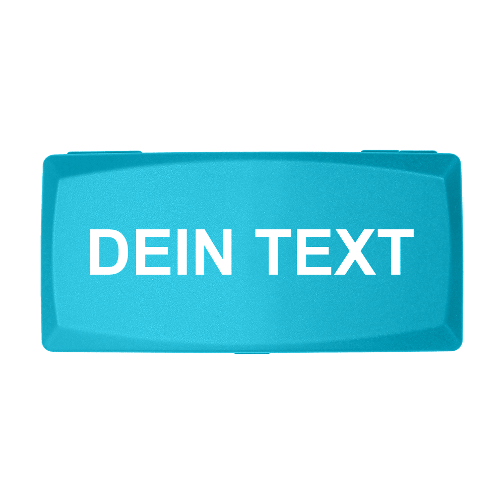 ABS box with custom print Die Abbildung zeigt eine himmelblaue Box mit der Aufschrift "DEIN TEXT" in weißer Schrift. Die Box hat eine rechteckige Form und einen schlichten, modernen Look.