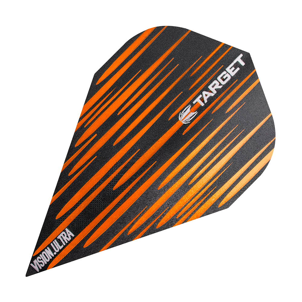 Das Bild zeigt ein Dartflugblatt namens "Target Vision Ultra Spectrum Orange Vapor Flights". Es hat ein schwarzes Design mit auffälligen orangefarbenen Streifen und trägt den weißen Schriftzug "TARGET".