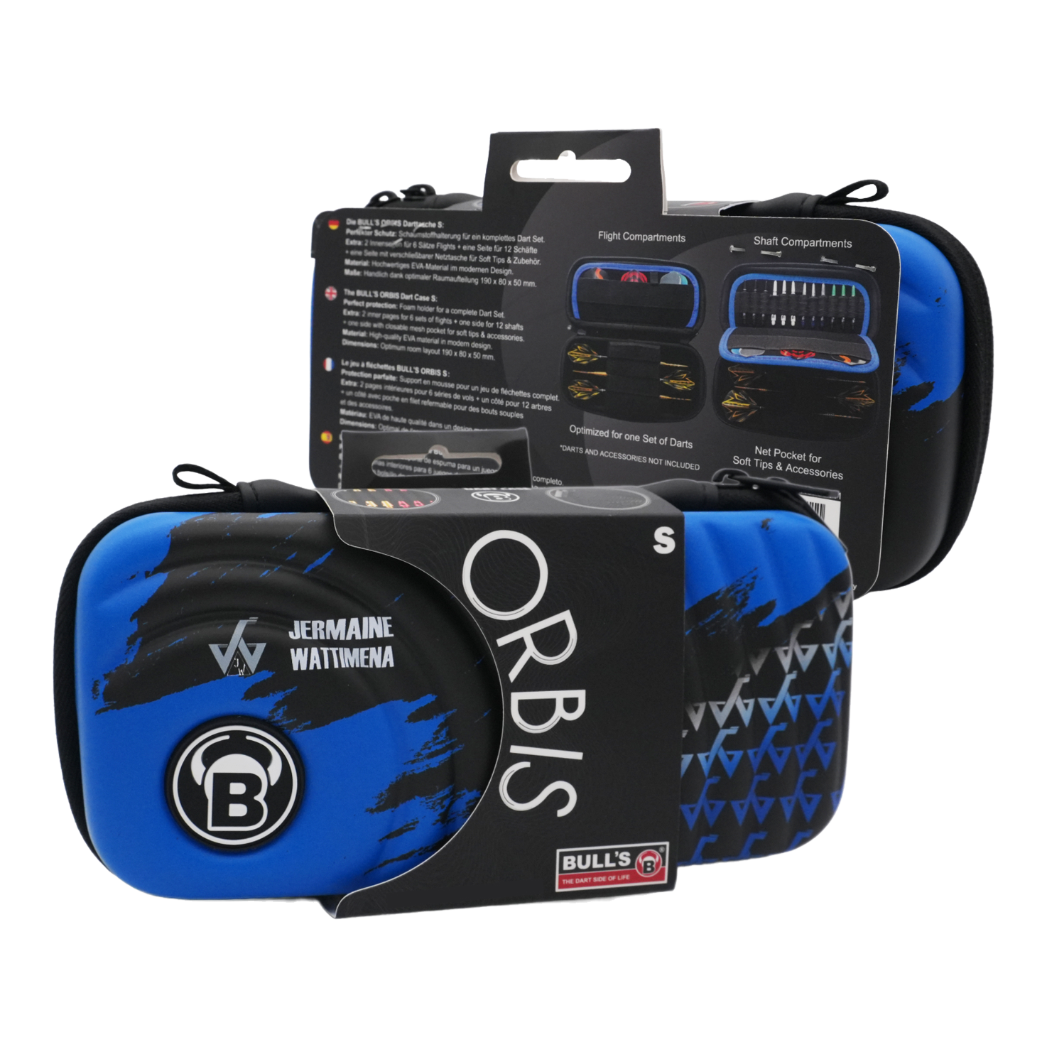 Bulls Orbis S Jermaine Wattimena dart case Das Bild zeigt das Produkt "Bulls Orbis S Jermaine Wattimena Dartcase" in blauer und schwarzer Farbe. Die Darttasche ist kompakt und eignet sich zum sicheren Aufbewahren von Dartzubehör.