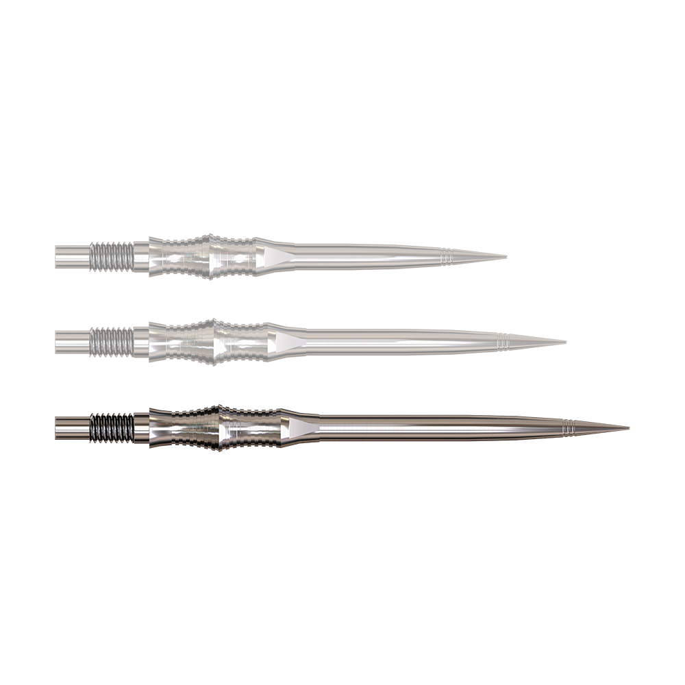Dartspitzen der Apex Spire Silver Elite Serie in 40mm werden gezeigt. Sie sind silbrig und glänzend.
