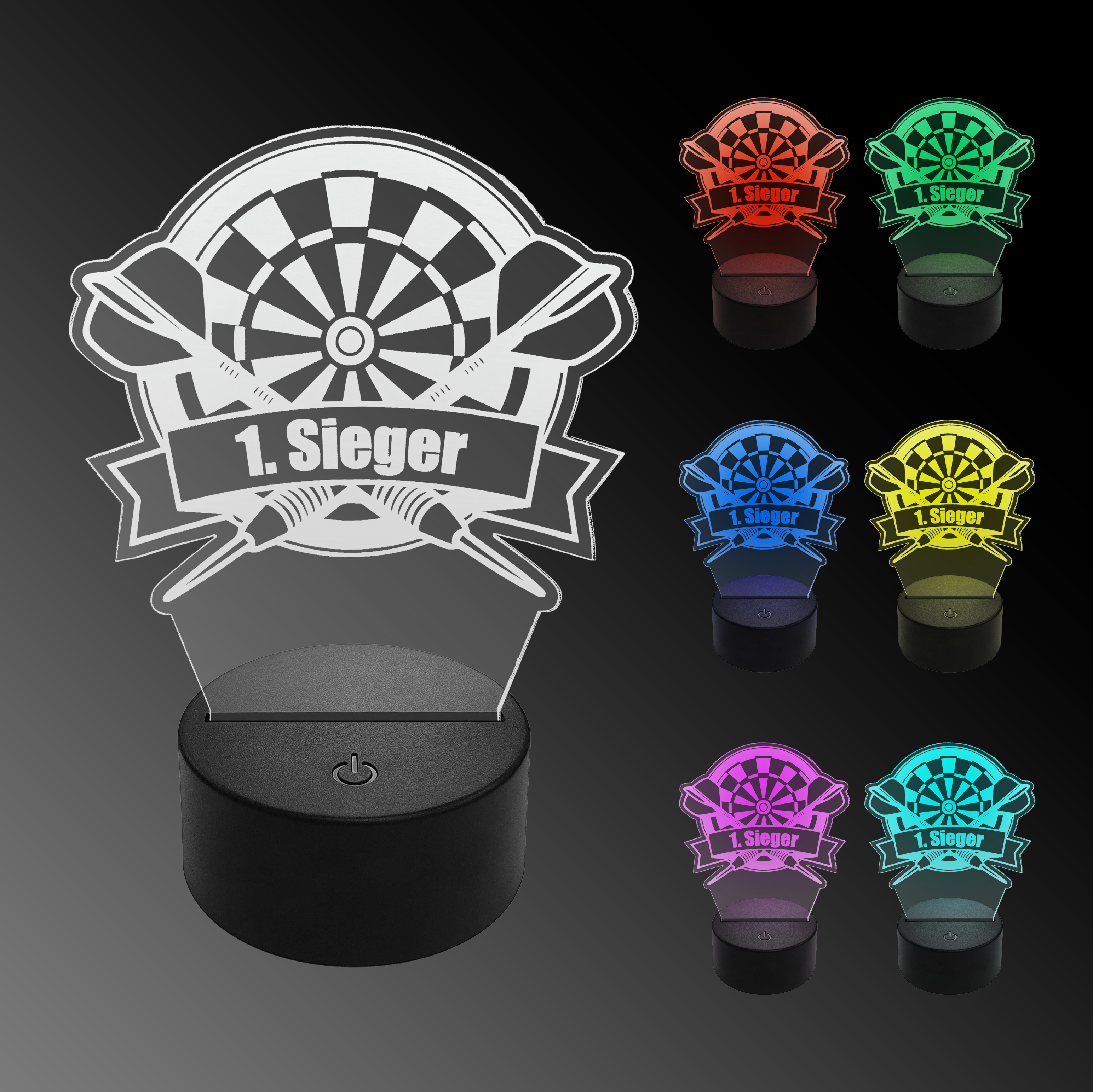 LED plexiglass dart lamp with custom text Das Bild zeigt eine LED-Lampe in Form eines Dartboards mit der Aufschrift „1. Sieger“. Rechts sind sechs weitere Lampen in verschiedenen Farben zu sehen.