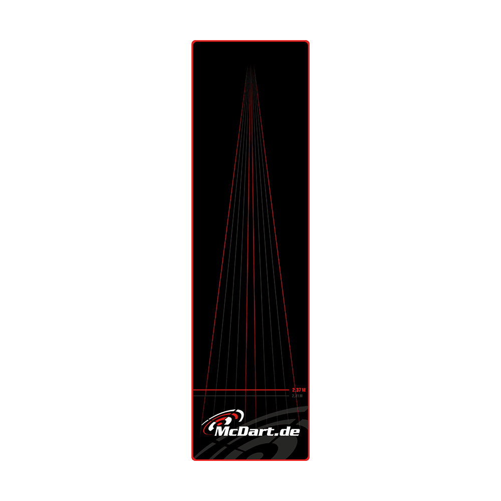 McDart Lines Dartteppich Das Bild zeigt einen schwarzen Dartteppich mit roten Linien und dem Logo „McDart.de“ am unteren Rand. Auf dem Teppich ist außerdem die Abwurflinie bei 2,37 m markiert.