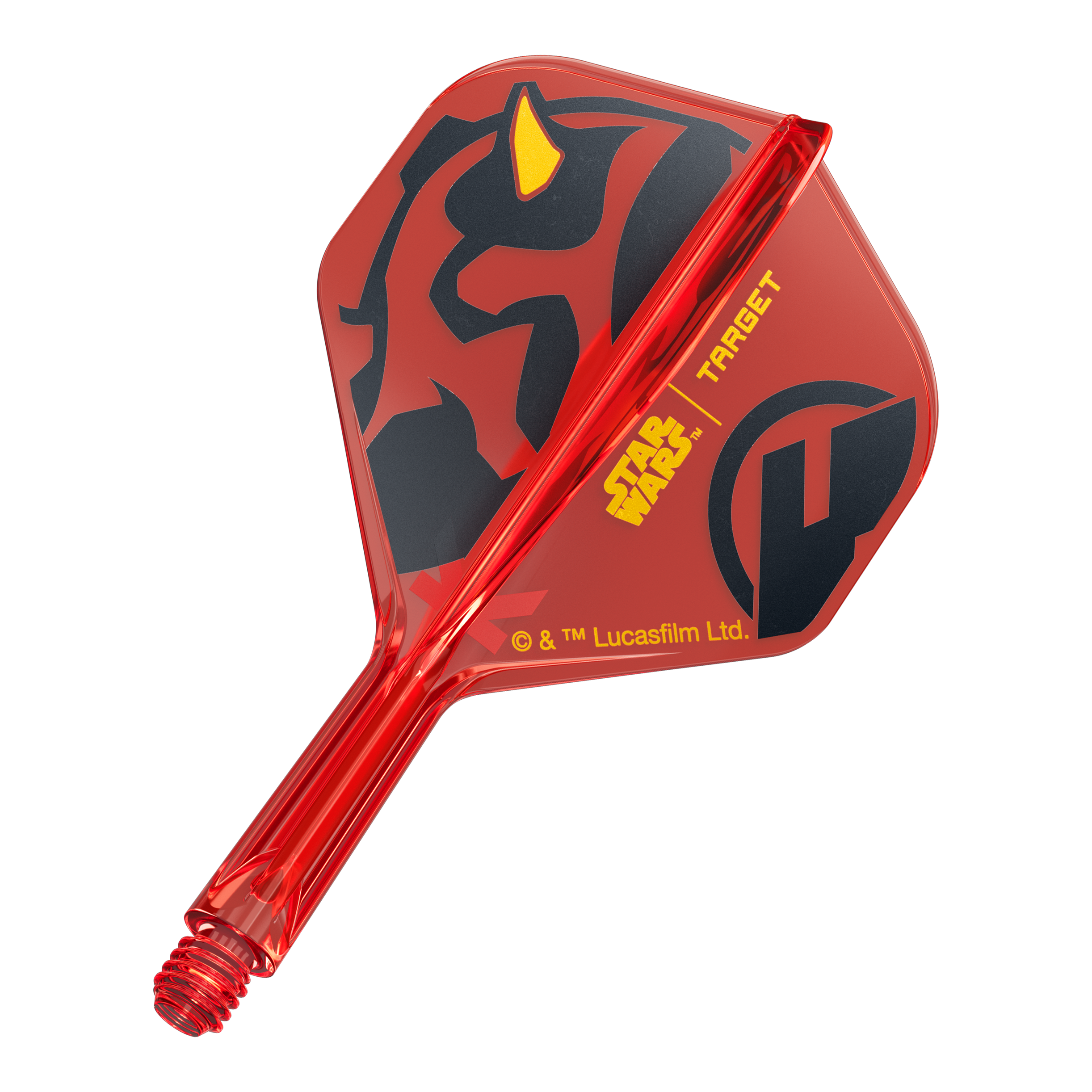 Das Bild zeigt den Artikel 410523_Target_StarWars_KFlex_DarthMaul_No2_Standard_Flights_Short_19mm_1. Es handelt sich vermutlich um kurze Dart-Flights mit Star Wars Darth Maul Design.