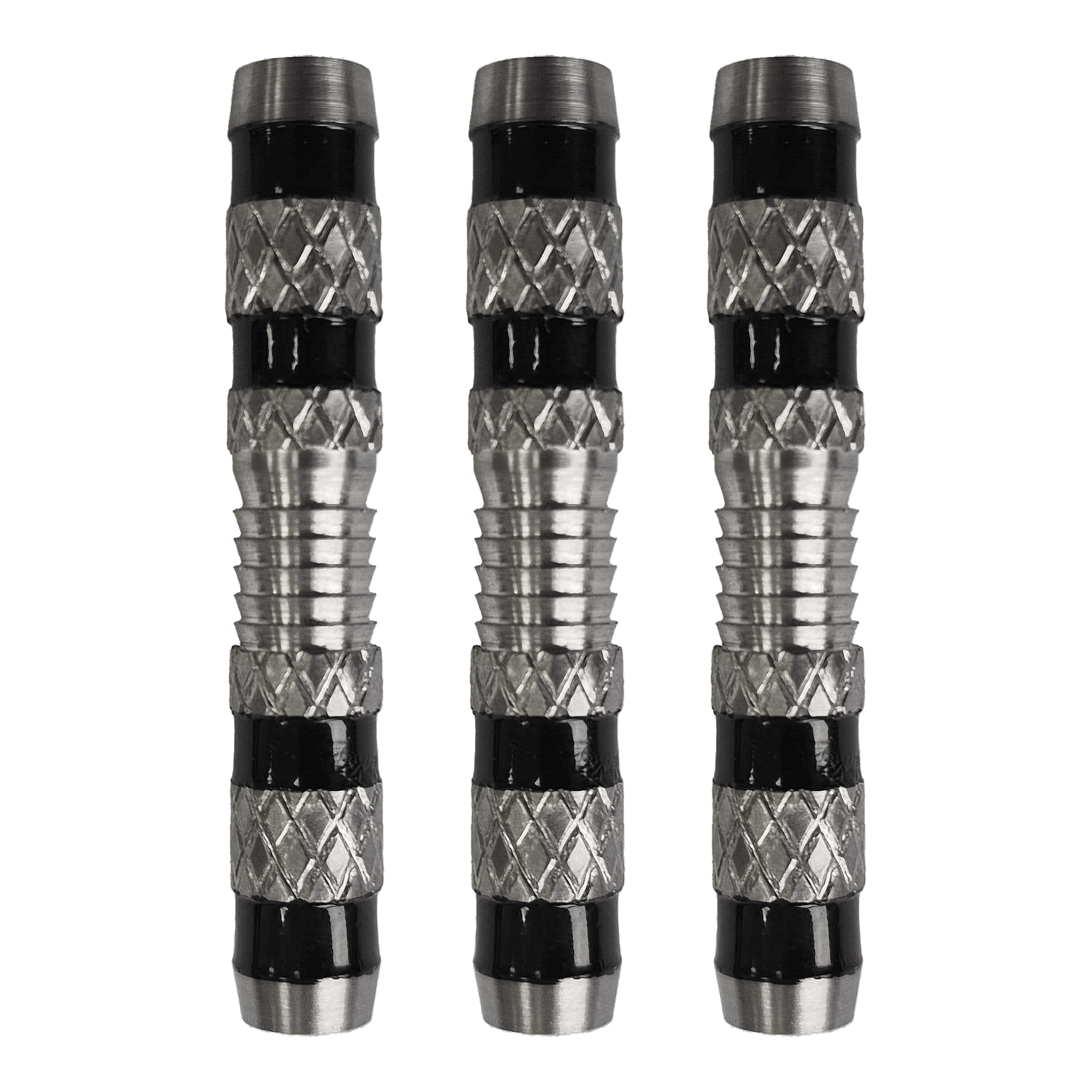 McDart Knurled Grip Soft Dart Barrels - 18g Das Bild zeigt drei silberne Softdart-Barrels mit einem geriffelten Griff und schwarzen Rillen. Es handelt sich um das Produkt „McDart Knurled Grip Softdart-Barrels - 18g“.