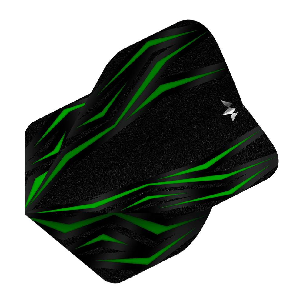 Mission Lava Green No2 Standard Flights Das Bild zeigt das Produkt „Mission Lava Green No2 Standard Flights“. Es ist ein schwarzes Dart-Flight mit grünen, lavamusterartigen Linien.