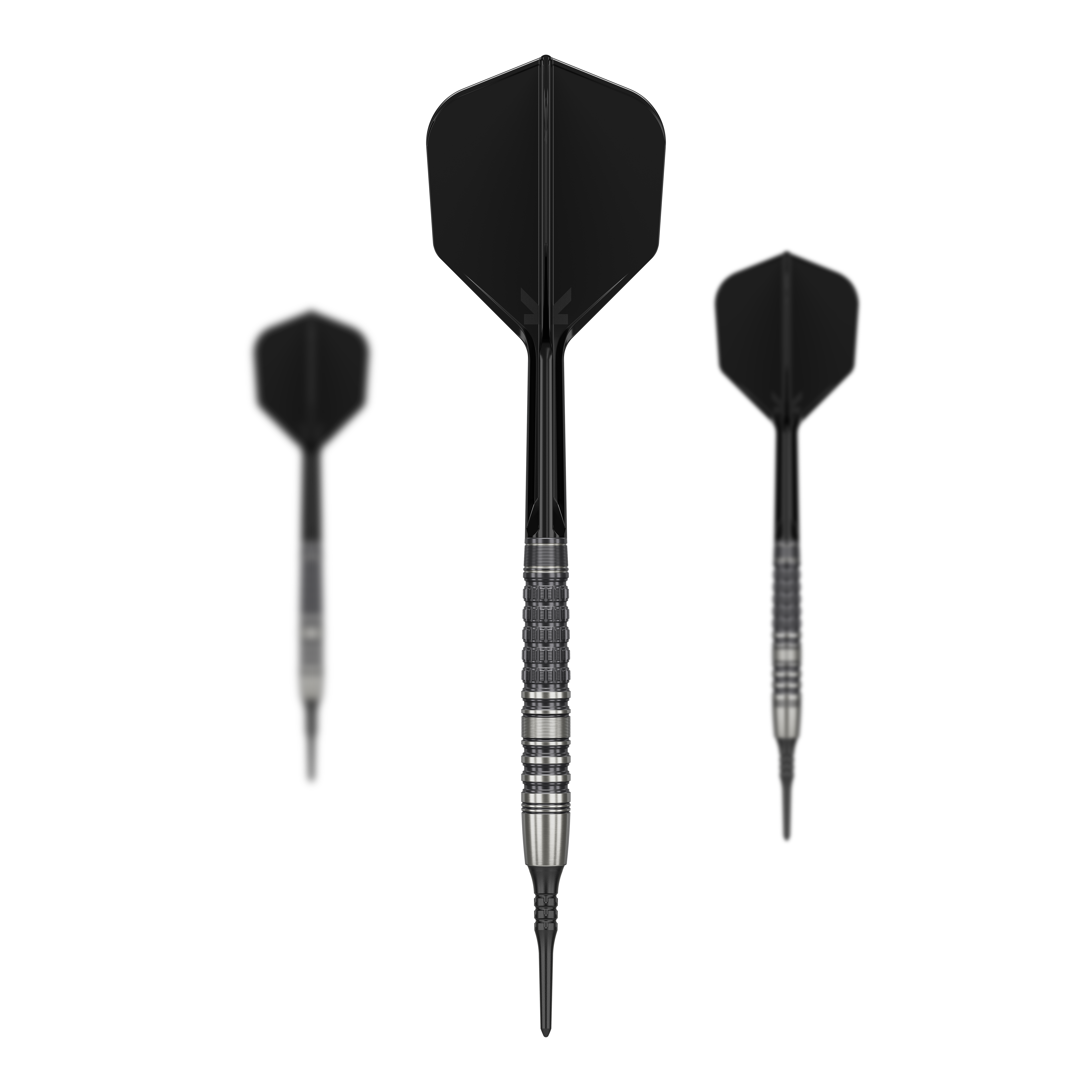 Target Japan Black Marque Lumiere GEN3 Soft Darts - 18.5g Das Bild zeigt drei schwarze Softdarts des Modells "Target Japan Black Marque Lumiere GEN3" mit einem Gewicht von 18,5g. Die Dartpfeile haben silber-schwarze Griffrillen und schwarze Flights.