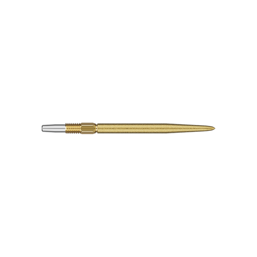 Target Swiss Point SLK dart tips - gold Das Bild zeigt eine goldene Dartspitze mit einem silbernen Anschlussstück. Die Spitze ist schlank und etwa 30 mm lang.