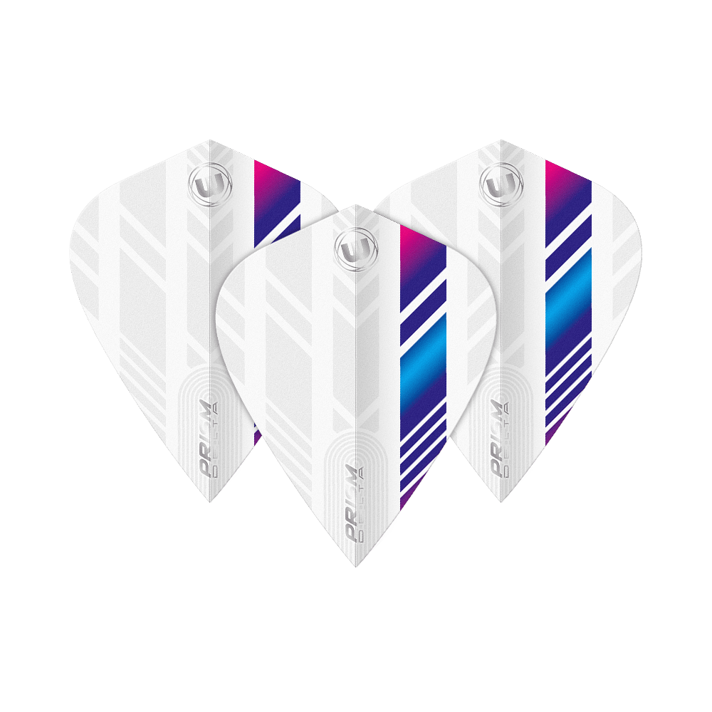 Winmau Delta White Blue Purple Kite Flights Das Bild zeigt drei Winmau Delta White Blue Purple Kite Flights. Die Flights sind überwiegend weiß mit blauen, lila und pinken Streifen.