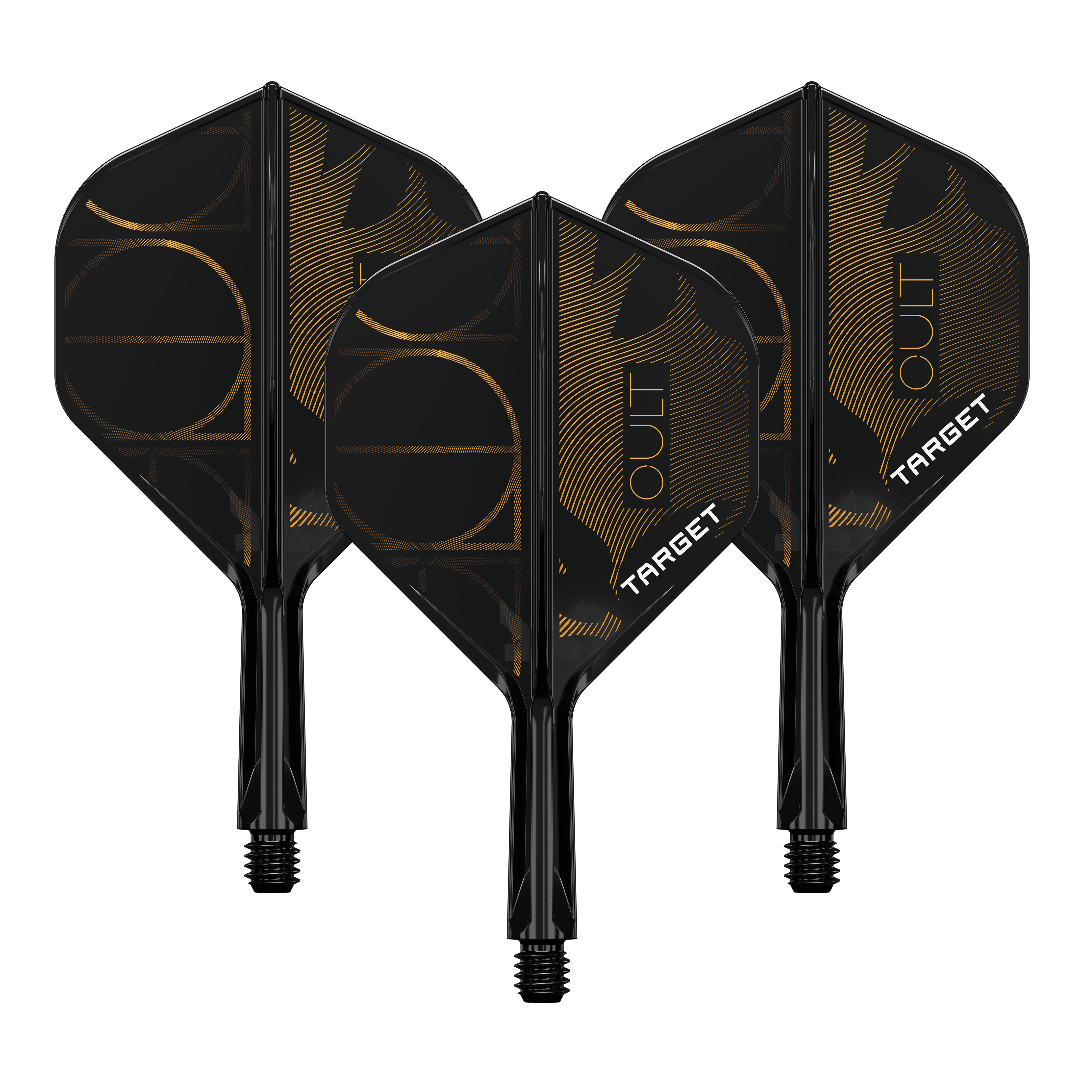 Das Bild zeigt ein Produkt namens '410169 Target K-Flex Cult No2 Standard Flights 19mm 1Set'. Es handelt sich wahrscheinlich um einen Satz Dart-Flights.