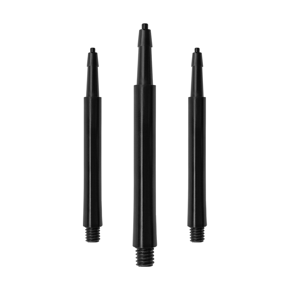 HRC12619_Harrows_Clic_Standard_Shafts_Schwarz_37mm_1 Das Bild zeigt drei schwarze Harrows Clic Standard Shafts für Darts. Sie sind aus Kunststoff und haben am unteren Ende ein Schraubgewinde.
