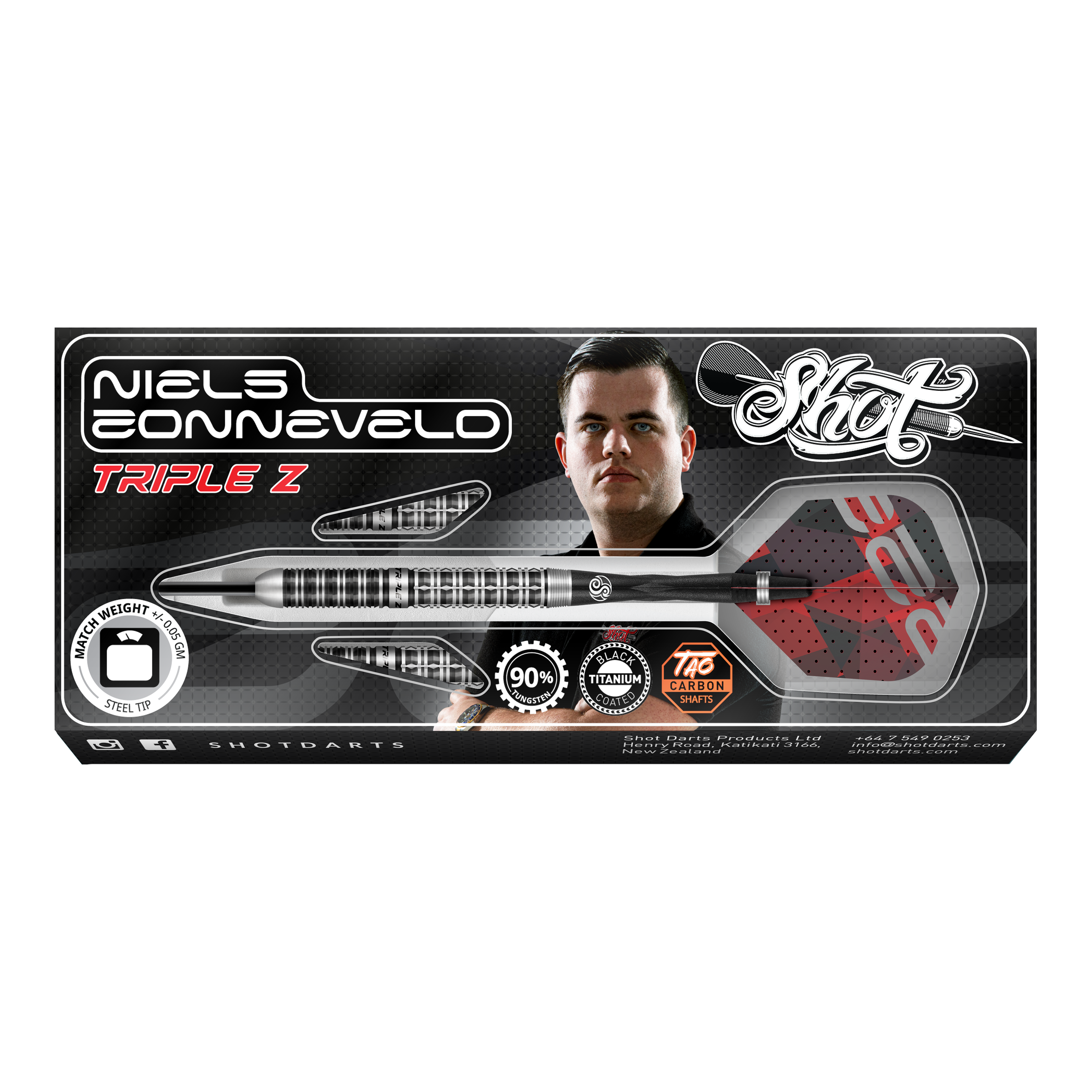 Shot Niels Zonneveld V2 steel darts Auf dem Bild ist die Verpackung der "Shot Niels Zonneveld V2 Steeldarts" zu sehen. Die Verpackung zeigt einen Dartpfeil, das Logo und ein Porträt von Niels Zonneveld.