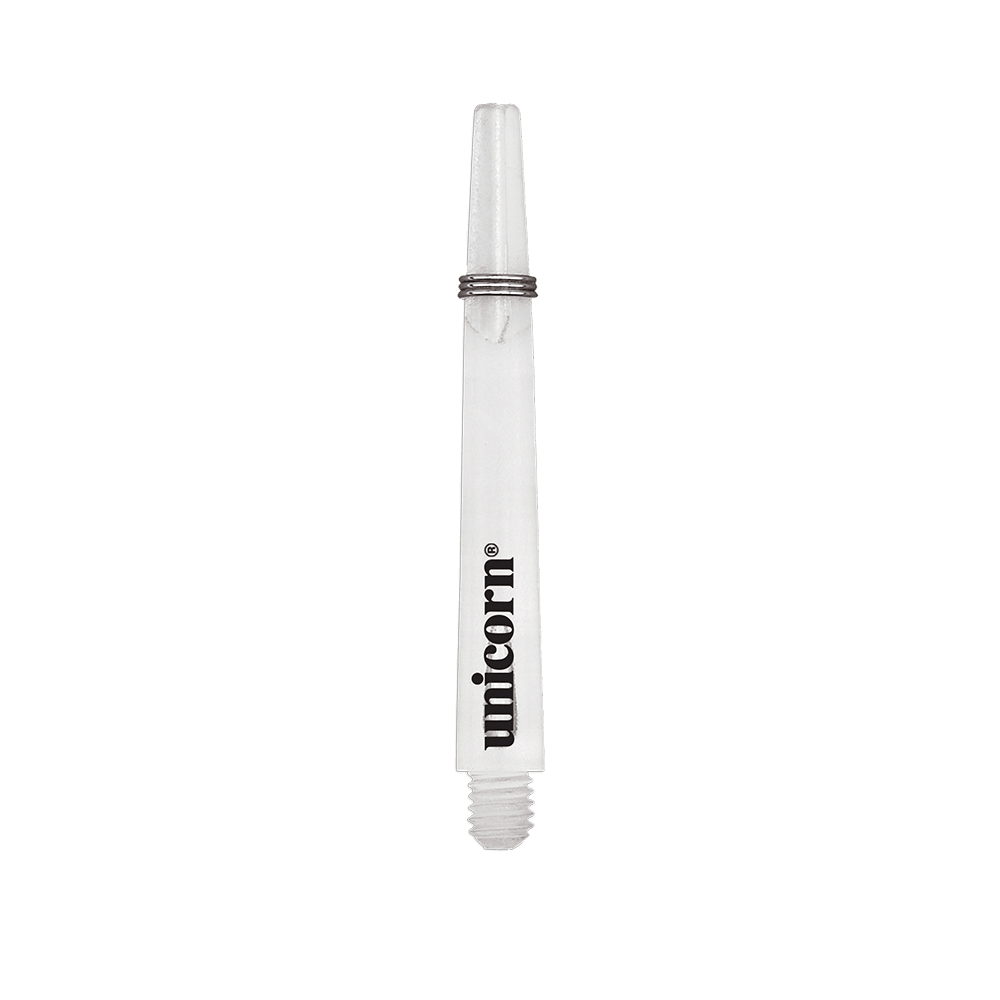Unicorn Gripper 3 Mirage Shafts - Clear - 44.2 mm Das Bild zeigt einen klaren Unicorn Gripper 3 Mirage Shaft mit einer Länge von 44,2 mm. Auf dem Schaft ist das schwarze "unicorn" Logo zu sehen.