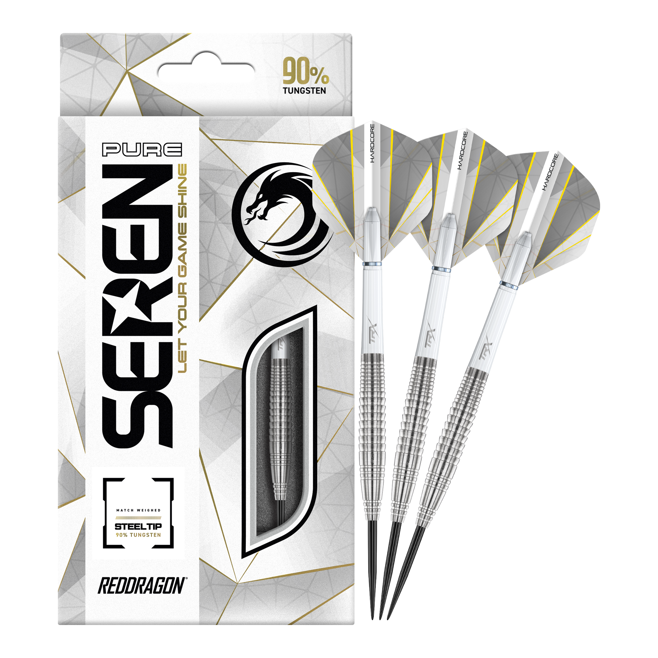 Red Dragon Seren 4 Pure Steeldarts Das Bild zeigt die "Red Dragon Seren 4 Pure Steeldarts" mit einer eleganten Verpackung. Drei silberne Steeldarts mit weißen Flights liegen neben der Packung, die 90% Tungsten hervorhebt.