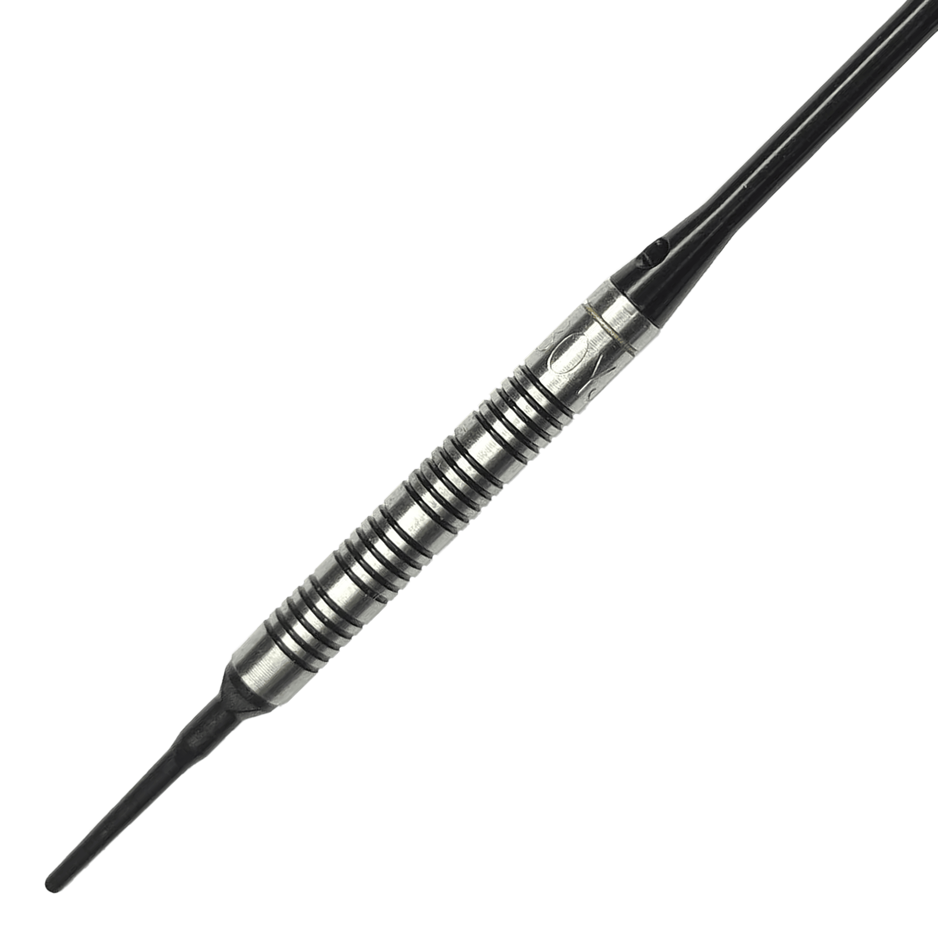 McDart 85 Tungsten V17 Softdarts - 16.5g Das Bild zeigt einen McDart 85er Tungsten V17 Softdart mit einem Gewicht von 16,5g. Der Dart hat ein silber-schwarzes, griffiges Barrel und eine schwarze Spitze.
