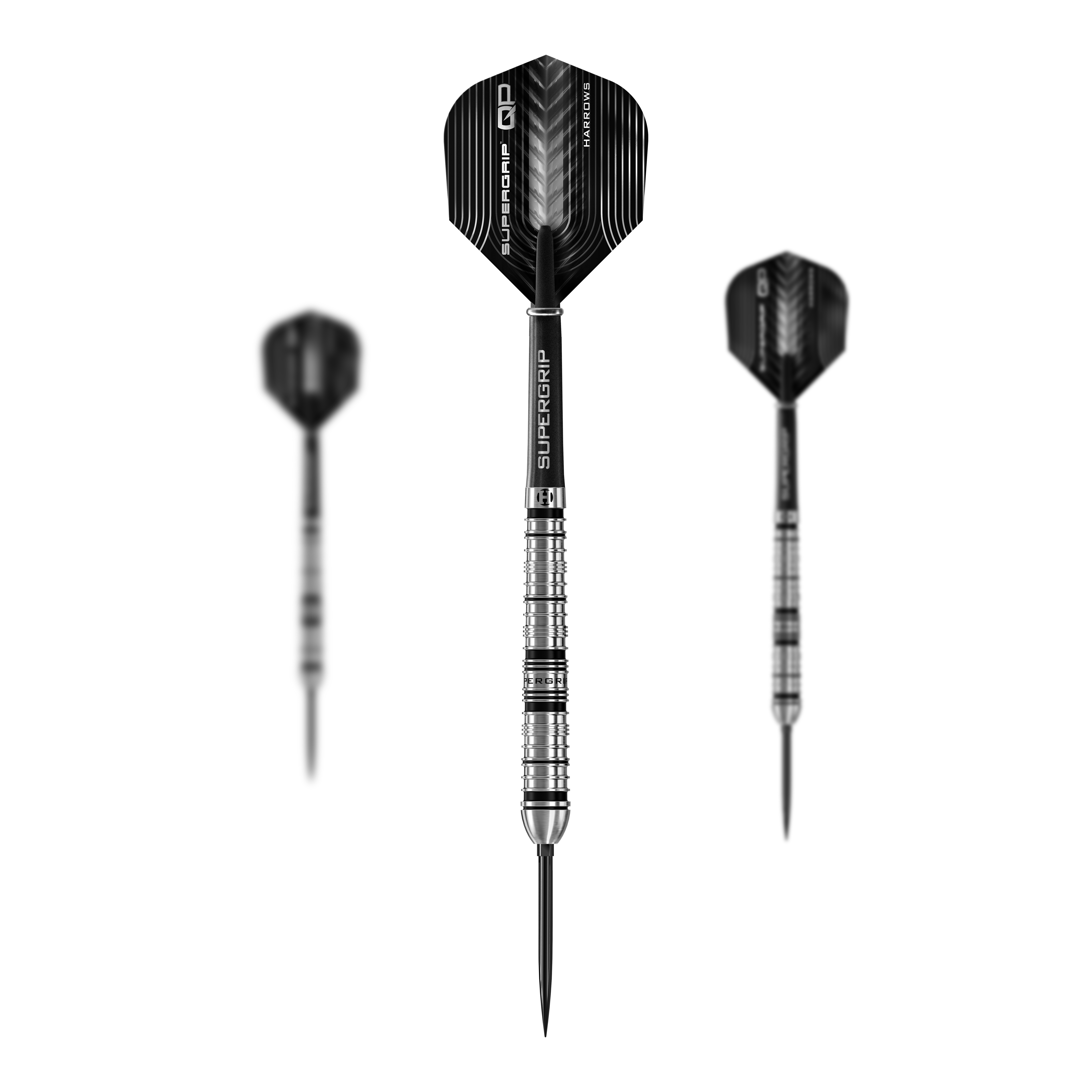 Harrows Supergrip Tapered Quick Point Steel Darts Das Produktbild präsentiert die Harrows Supergrip QP Tapered Quick Point Steeldarts. Diese Darts zeichnen sich durch ihre spezielle Form und hochwertige Verarbeitung aus.
