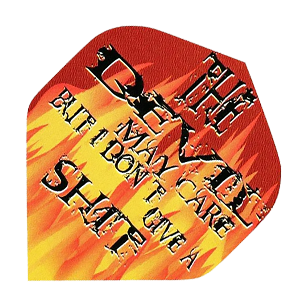Pentathlon Flights The Devil May Care Das Bild zeigt ein Dart-Flight mit Flammenmotiv und auffälligem Schriftzug. Auf dem Flight steht: "THE DEVIL MAY CARE BUT I DON'T GIVE A SHITE".