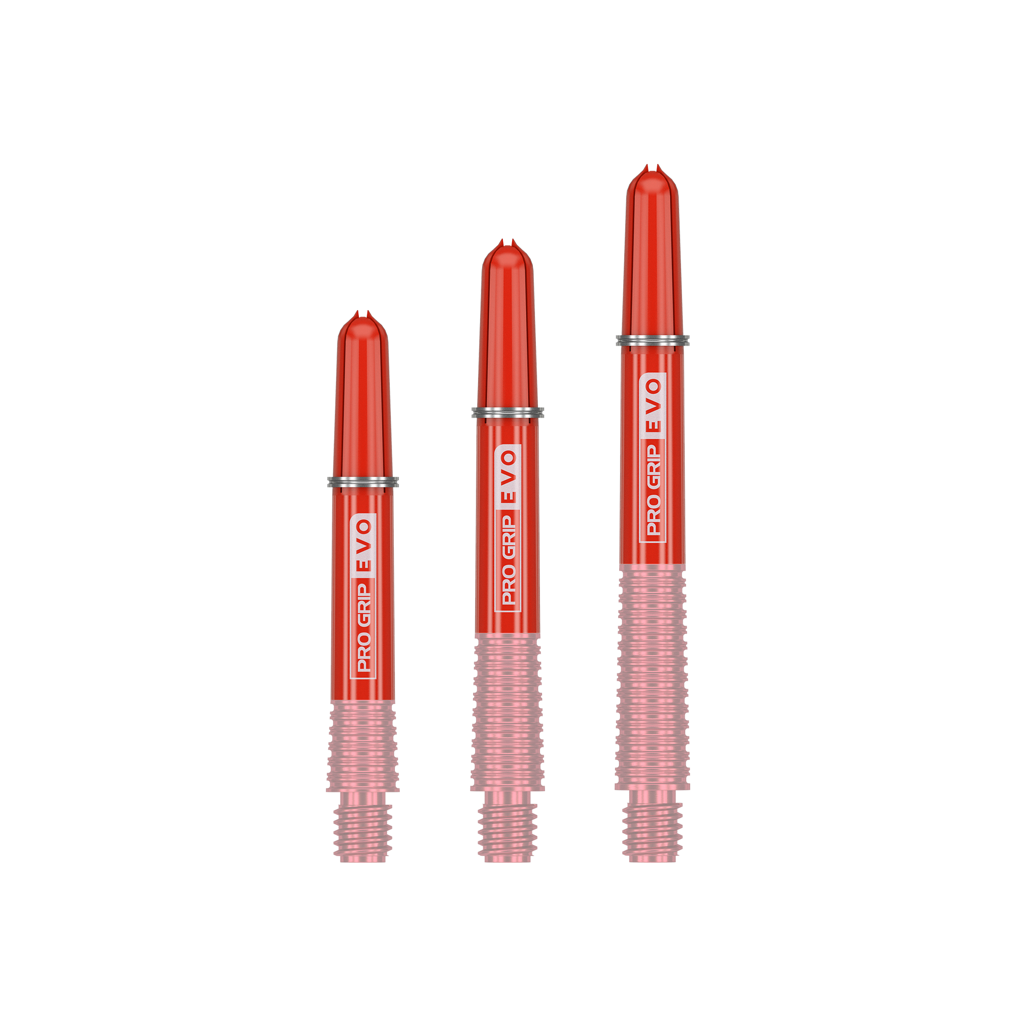 Das Bild zeigt drei rote Ersatztops für Dartshafts mit der Aufschrift "Pro Grip EVO". Sie sind unterschiedlich lang und gehören zum Produkt "Target Pro Grip EVO Ersatztops (9er Pack)".