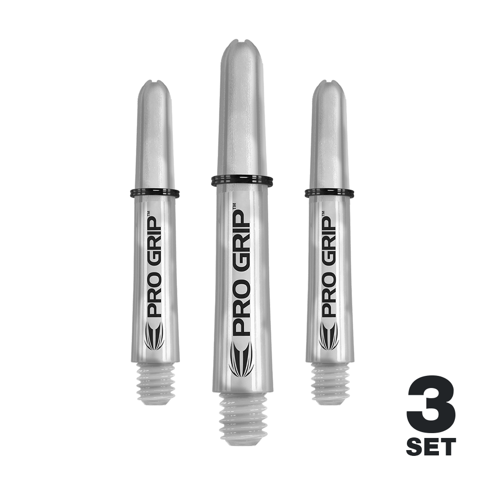 Target Pro Grip Shafts - 3 Sets - Transparent Das Bild zeigt drei transparente Pro Grip Schäfte für Darts. Unten rechts steht "3 Set" als Hinweis auf den Lieferumfang.
