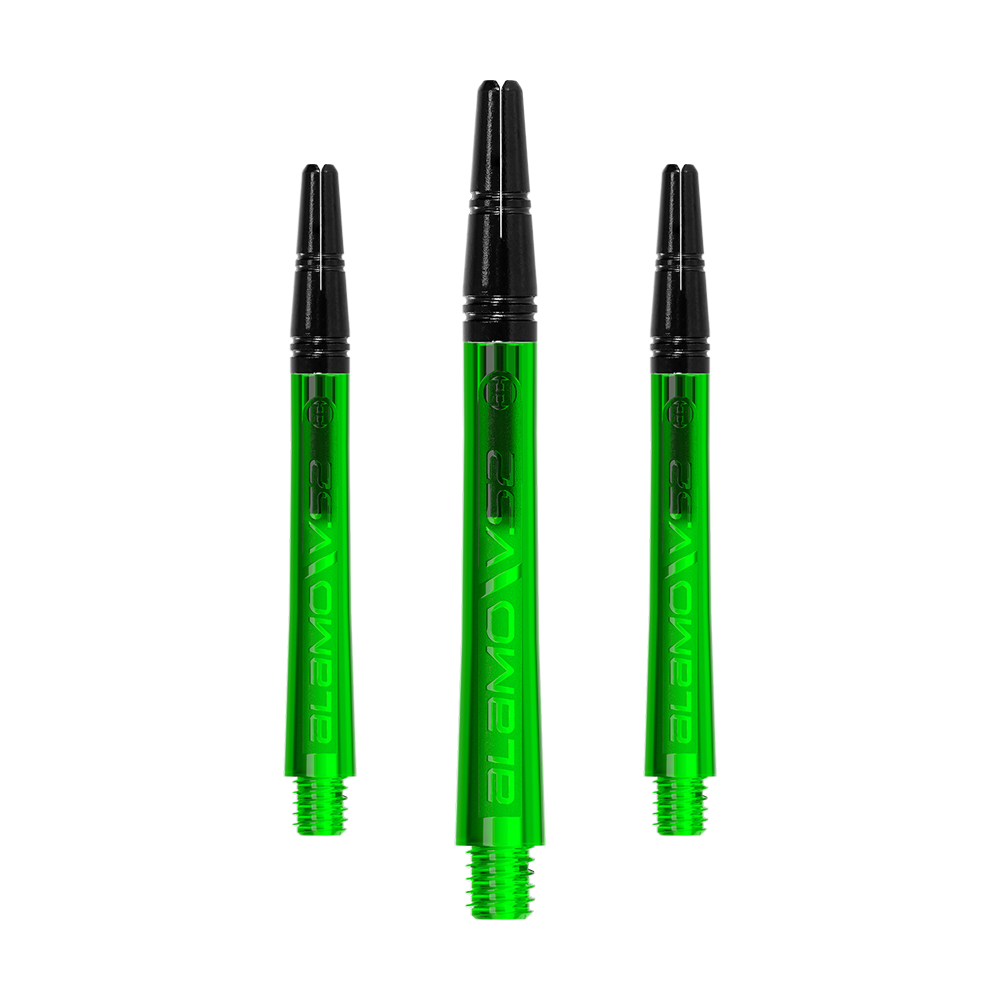 Harrows Alamo VS2 Shafts - Green Auf dem Bild sind drei grüne Dartschäfte mit schwarzem oberen Teil zu sehen. Sie sind gleich groß und haben auf der Seite die Aufschrift "ALAMO VS2".