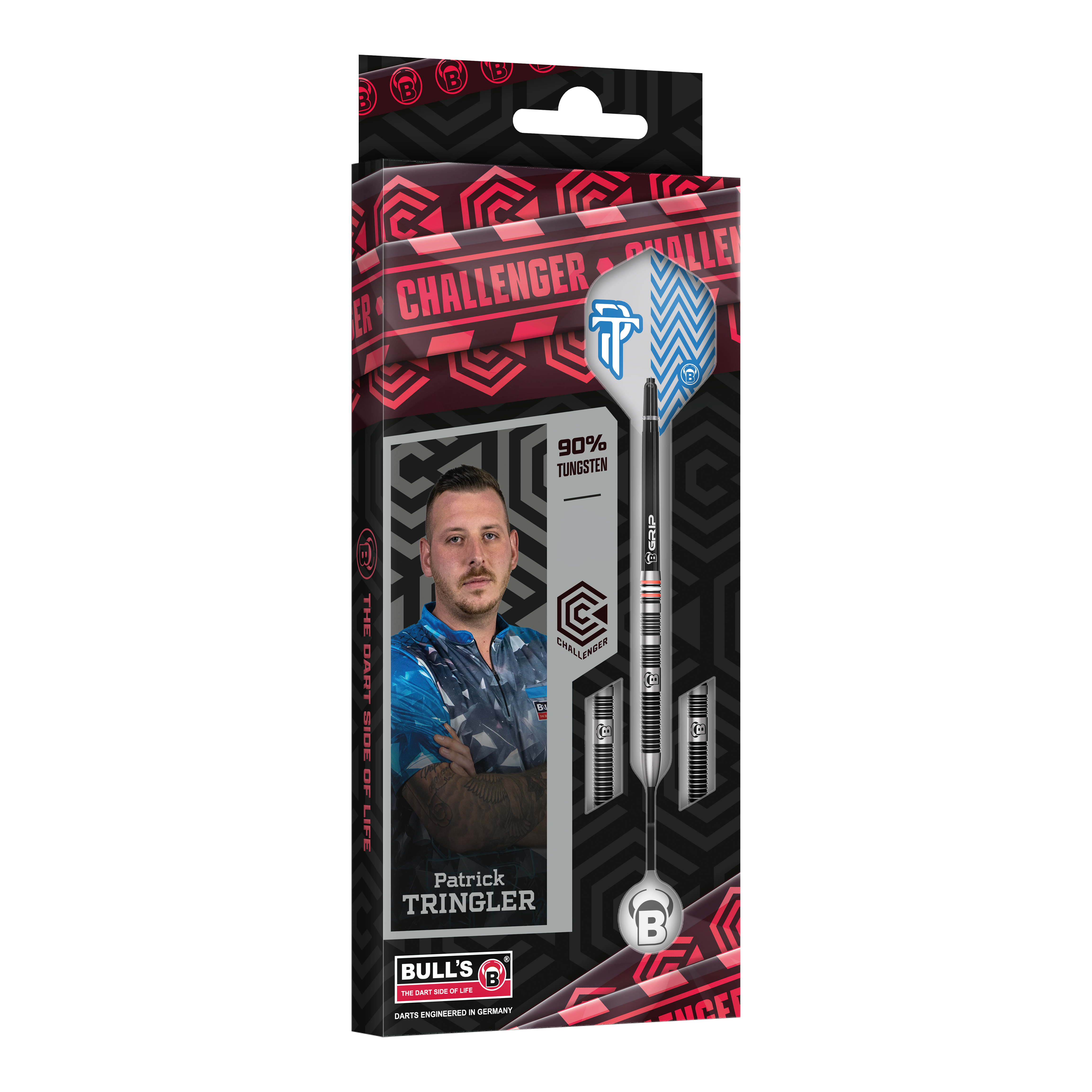 Bulls Challenger Patrick Tringler Steel Darts - 21g Zu sehen ist das Set Bulls Challenger Patrick Tringler Steeldarts mit 21g. Es handelt sich um hochwertige Steeldarts mit dem Namen des Profis Patrick Tringler.